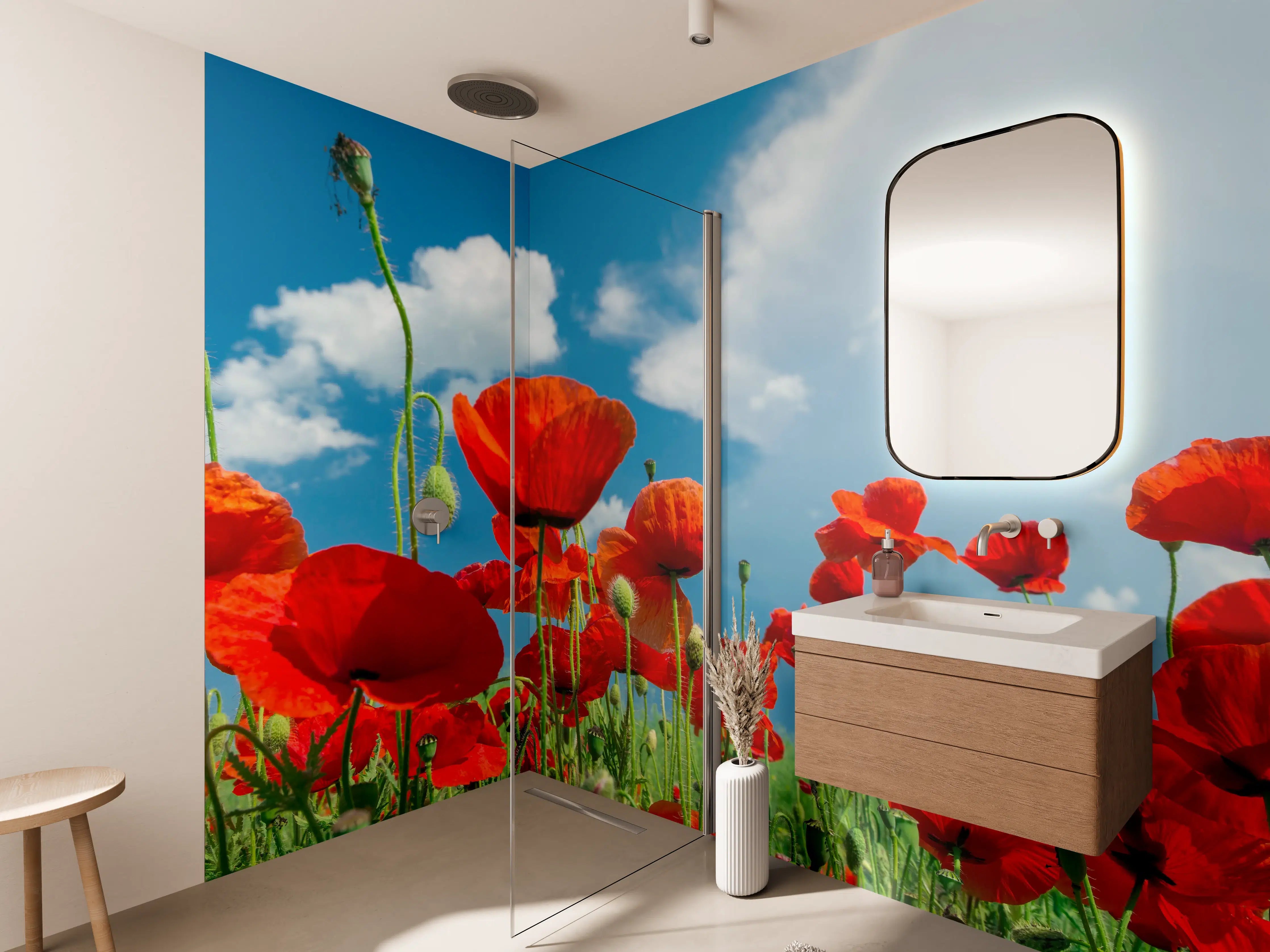 Wandverkleidung Bad - Rotes Mohnblumenfeld