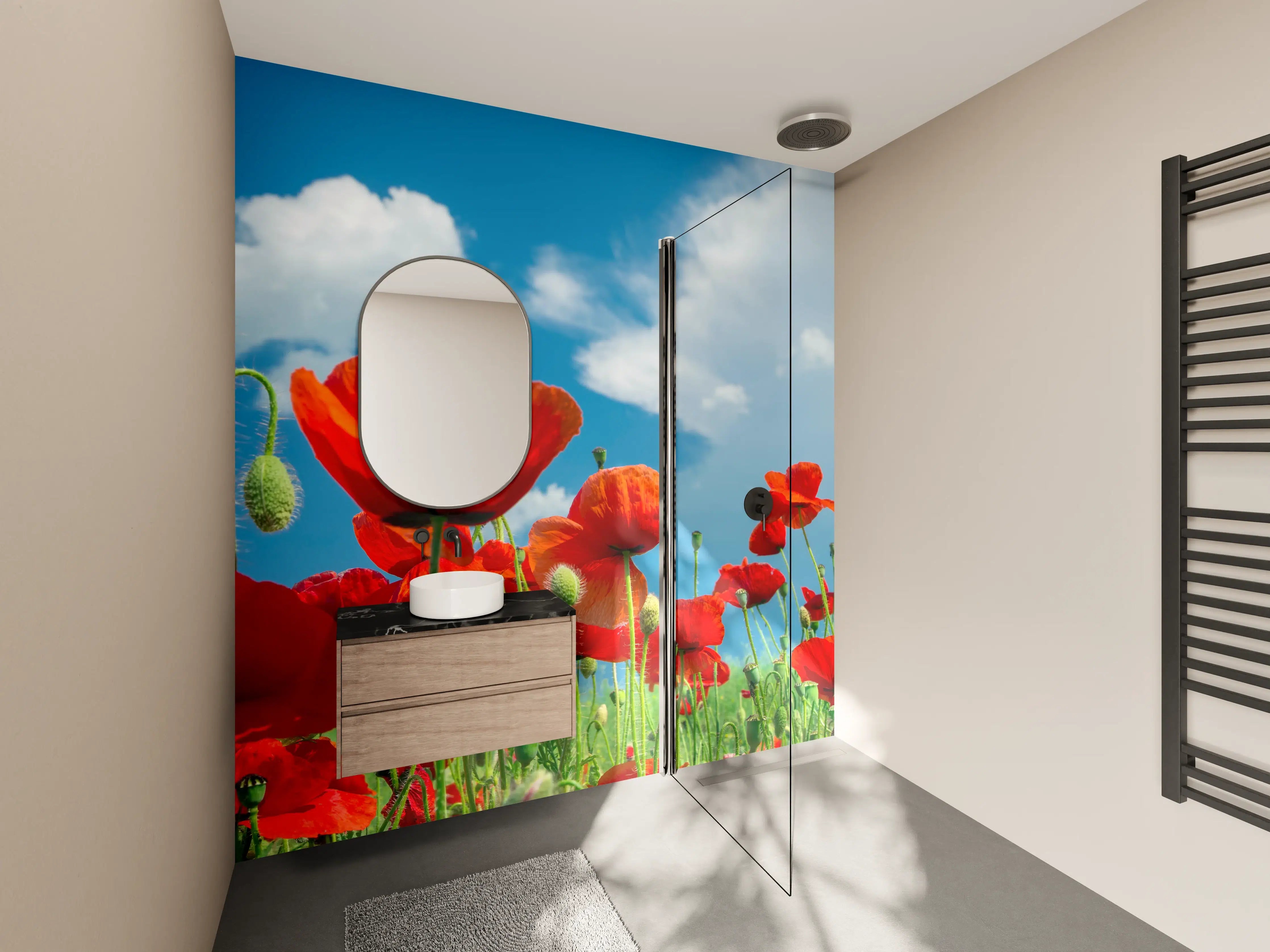 Wandverkleidung Bad - Rotes Mohnblumenfeld