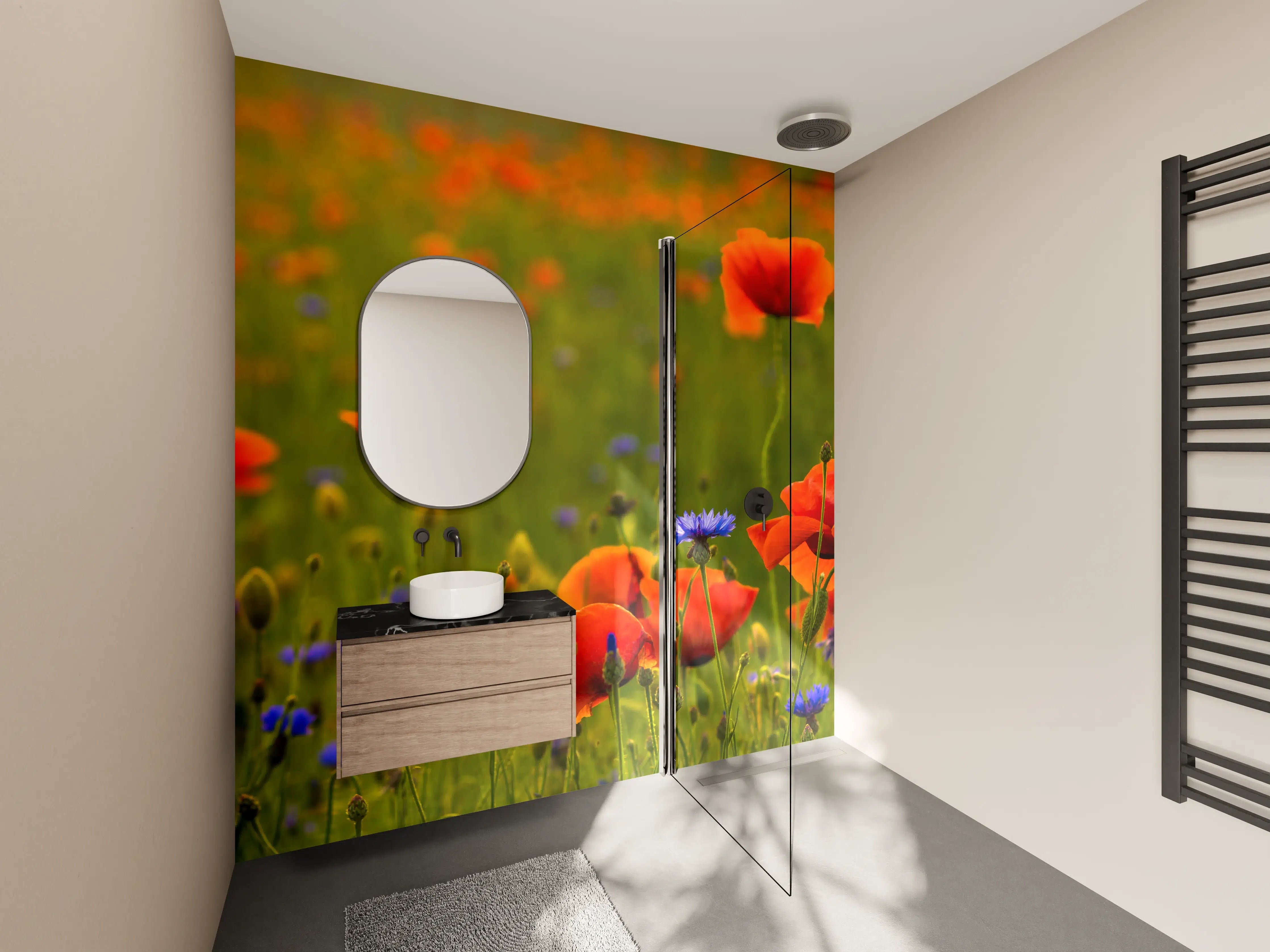 Wandverkleidung Bad - Rotes Mohnfeld mit Kornblumen