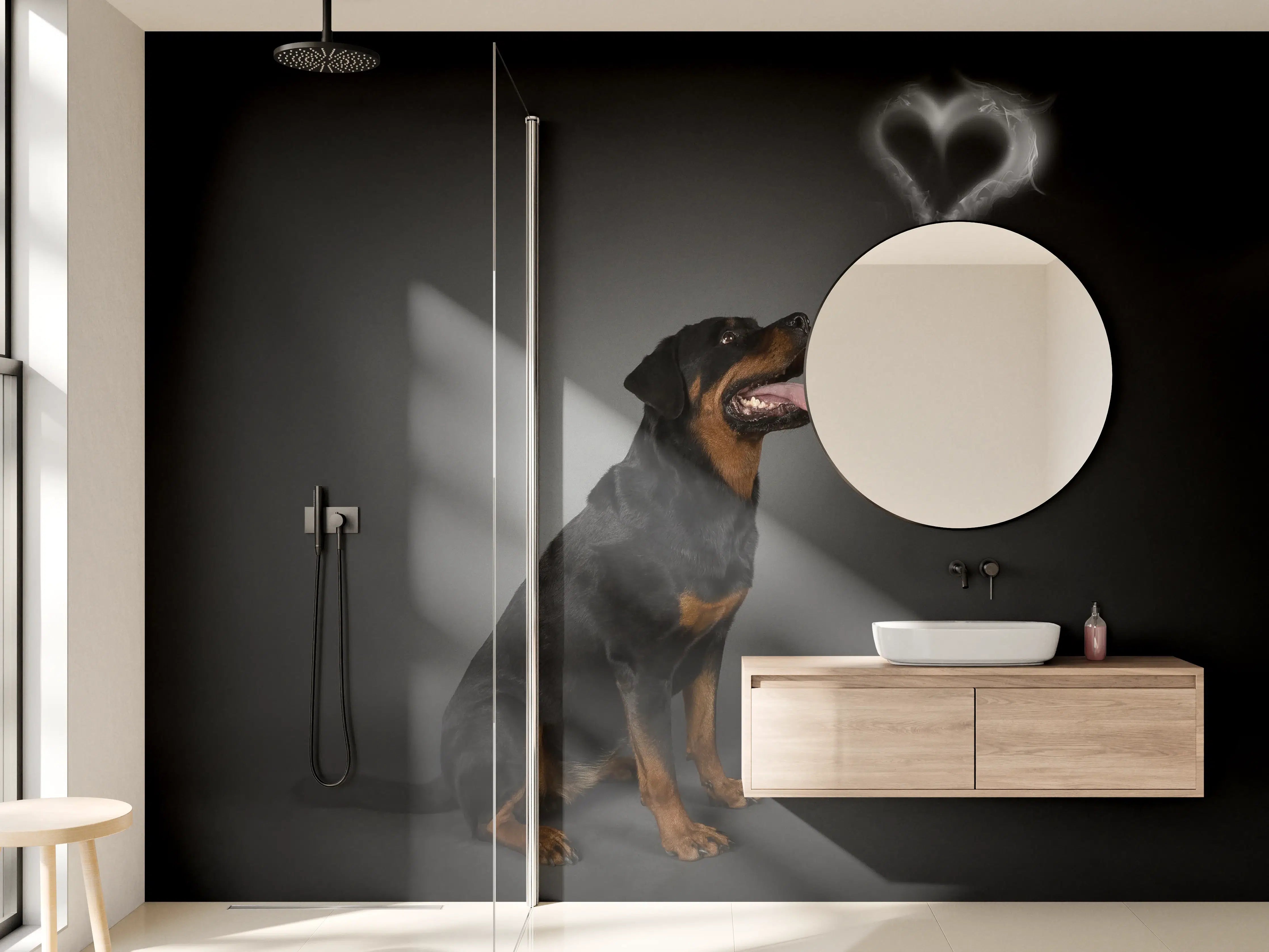 Wandverkleidung Bad - Rottweiler sitzend mit Blick auf Herz