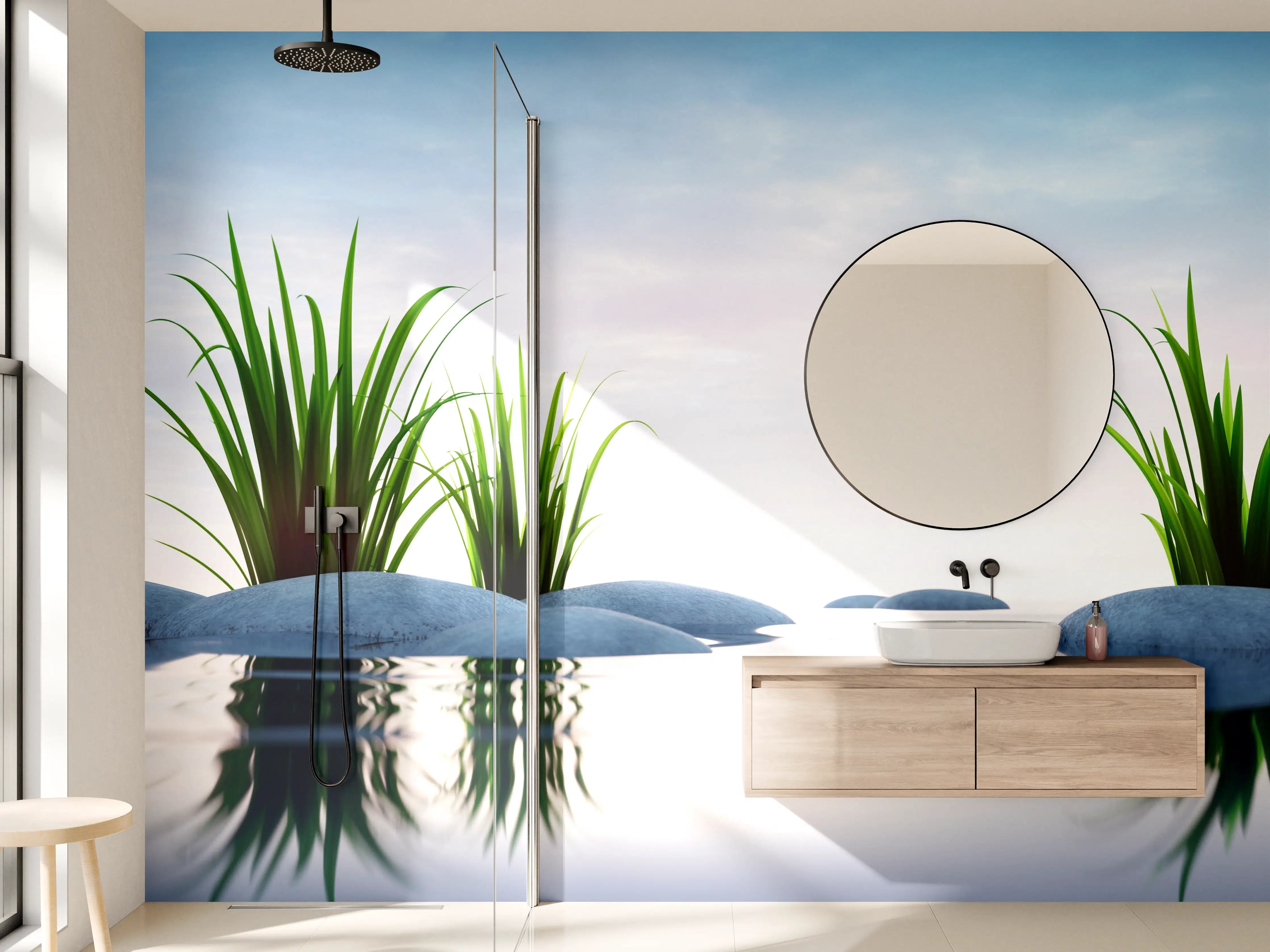 Wandverkleidung Bad - Ruhevolle Wasserlandschaft mit Pflanzen