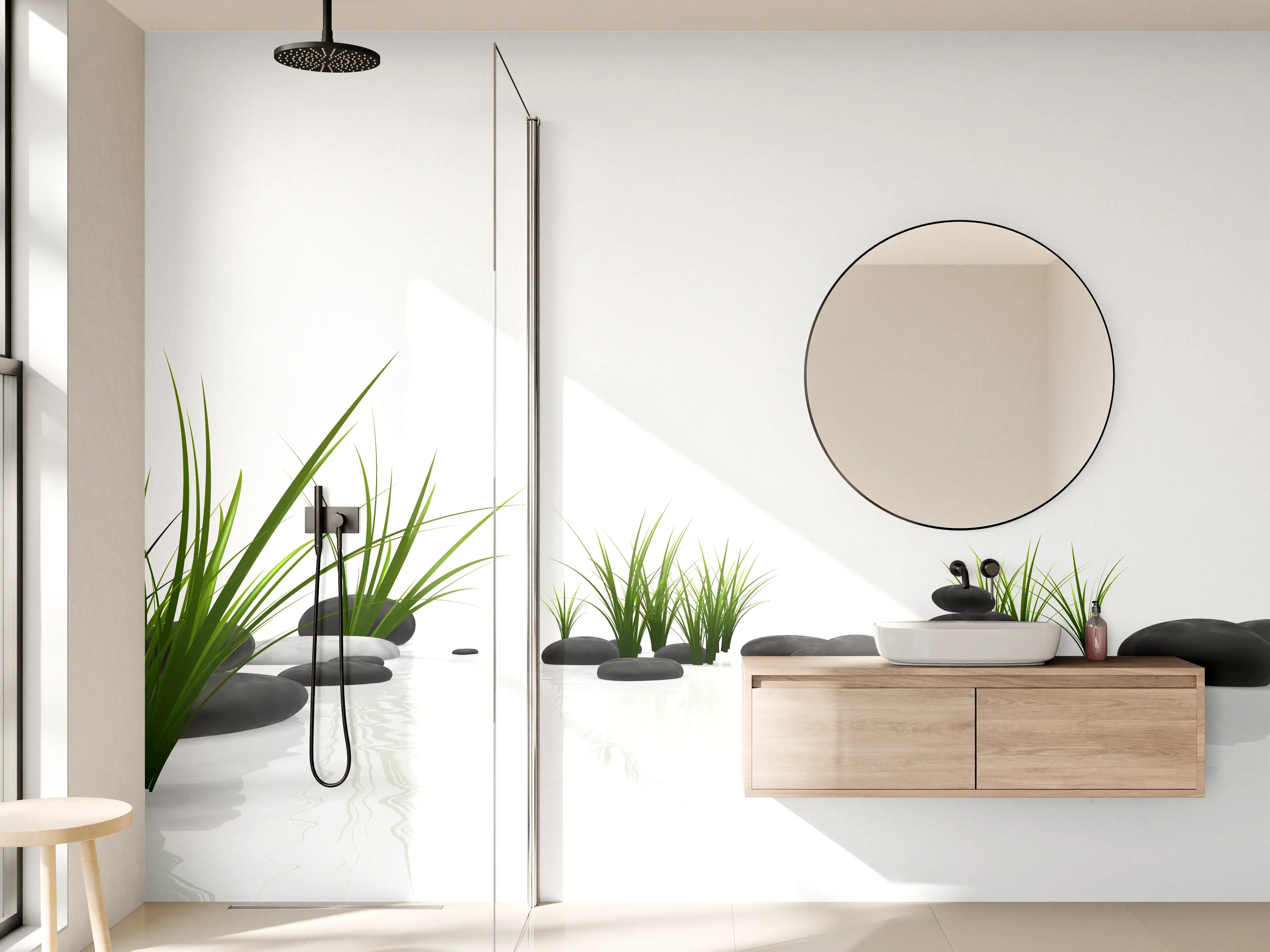 Wandverkleidung Bad - Ruhiges Steine Gefilde mit Gras und Wasser