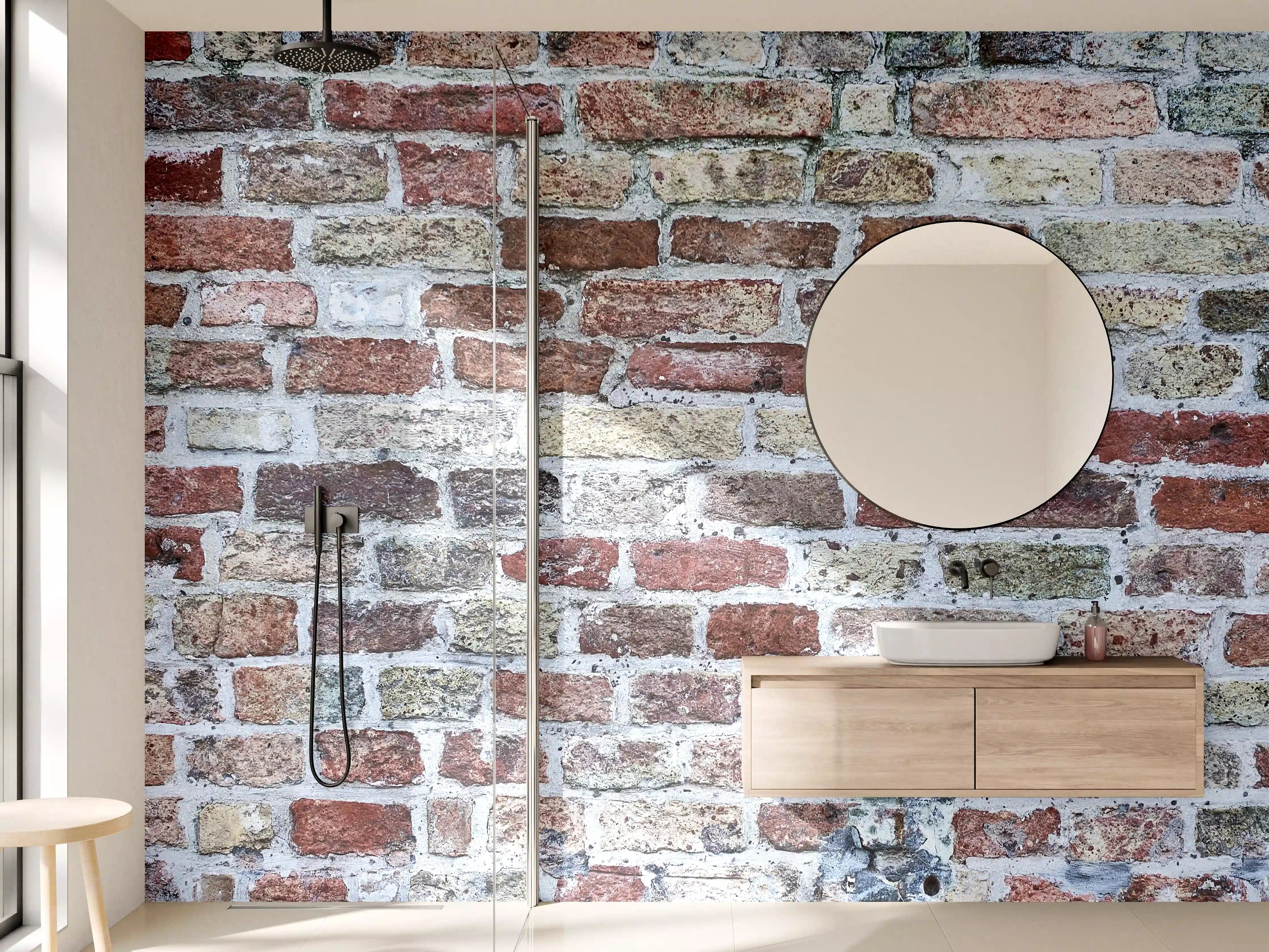 Wandverkleidung Bad - Rustikale Backsteinmauer mit lebendiger Farbvielfalt