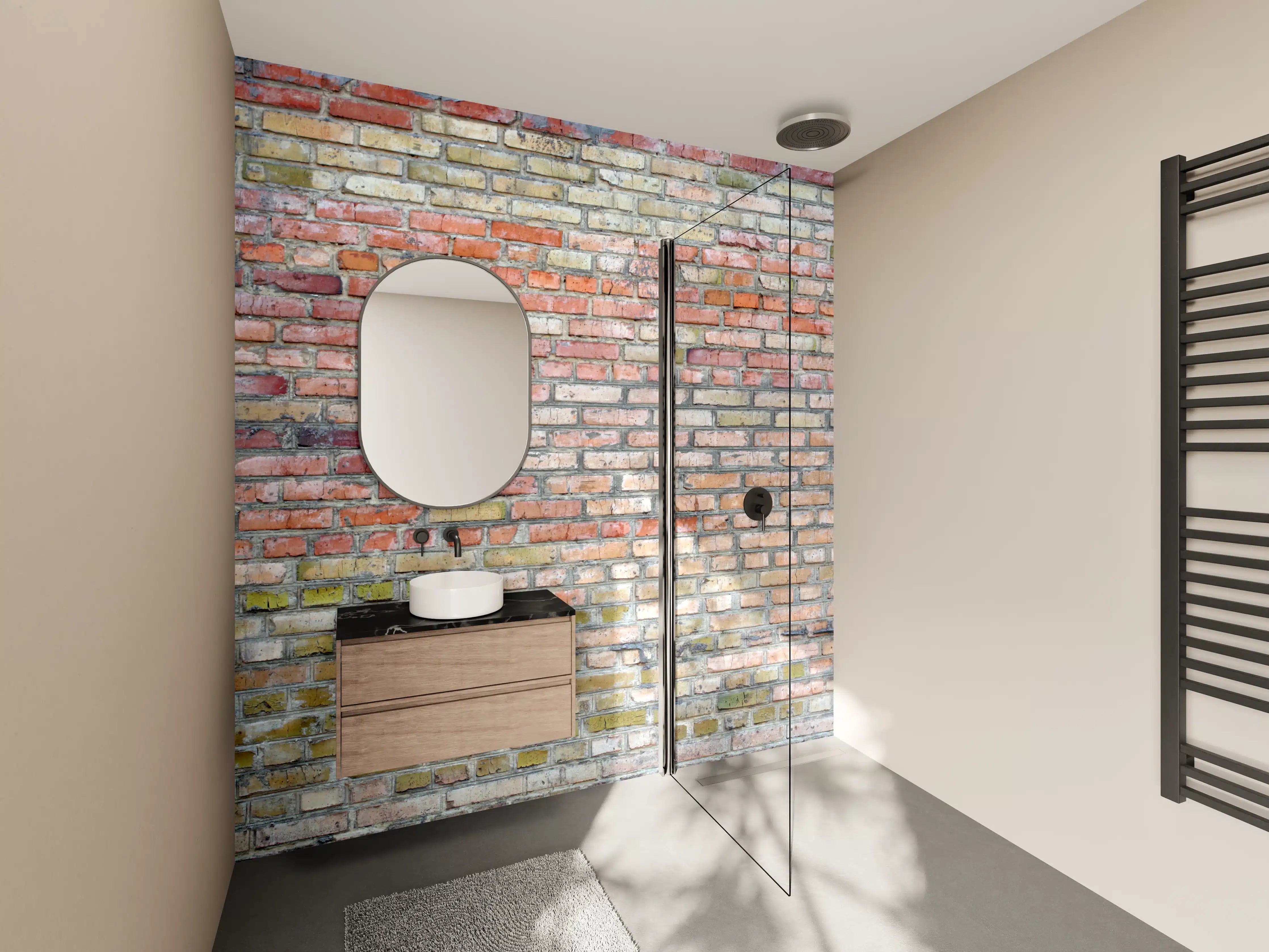 Wandverkleidung Bad - Rustikale Backsteinwand mit grüner Patina