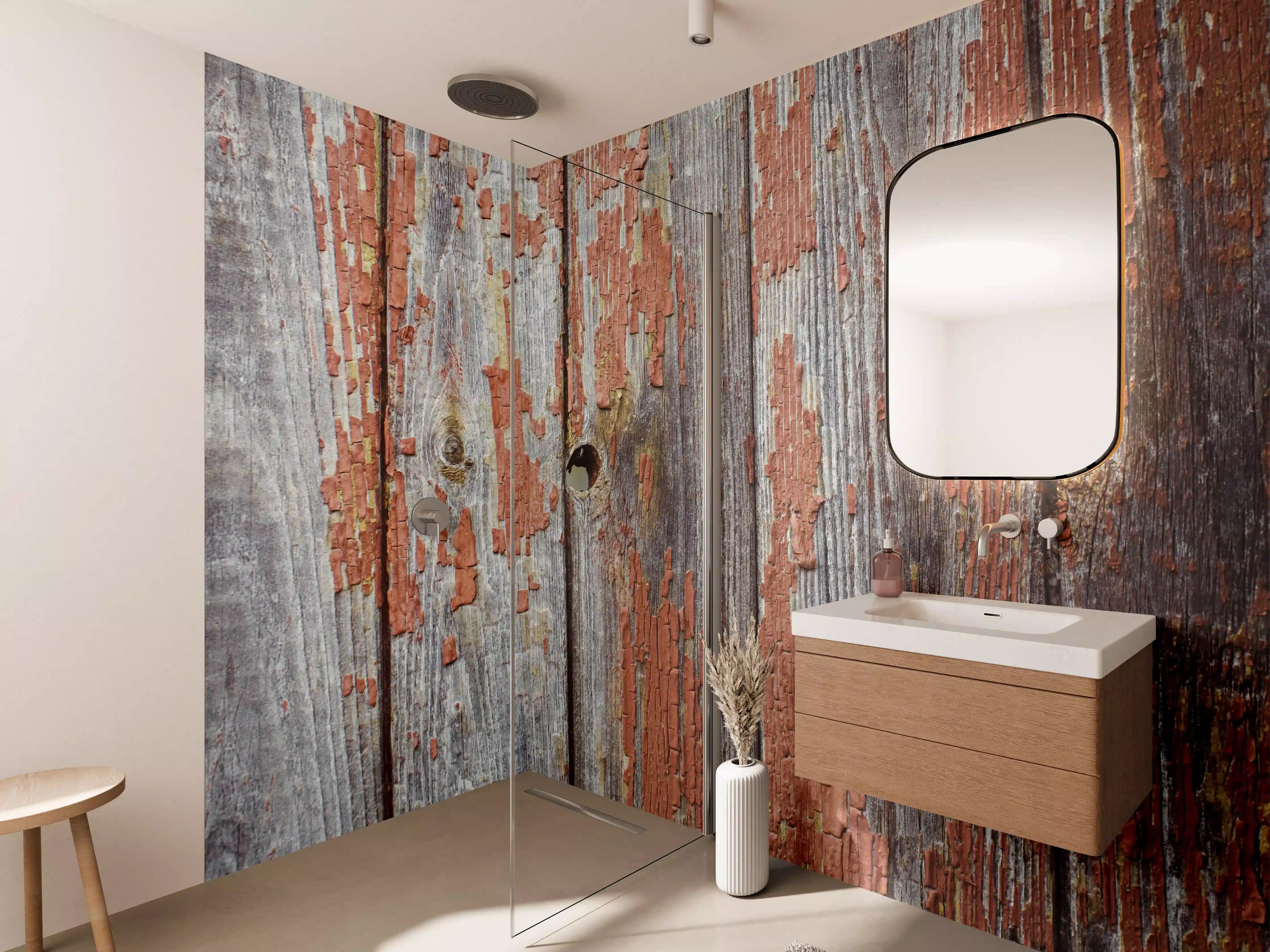 Wandverkleidung Bad - Rustikale Holzbretter mit Loch