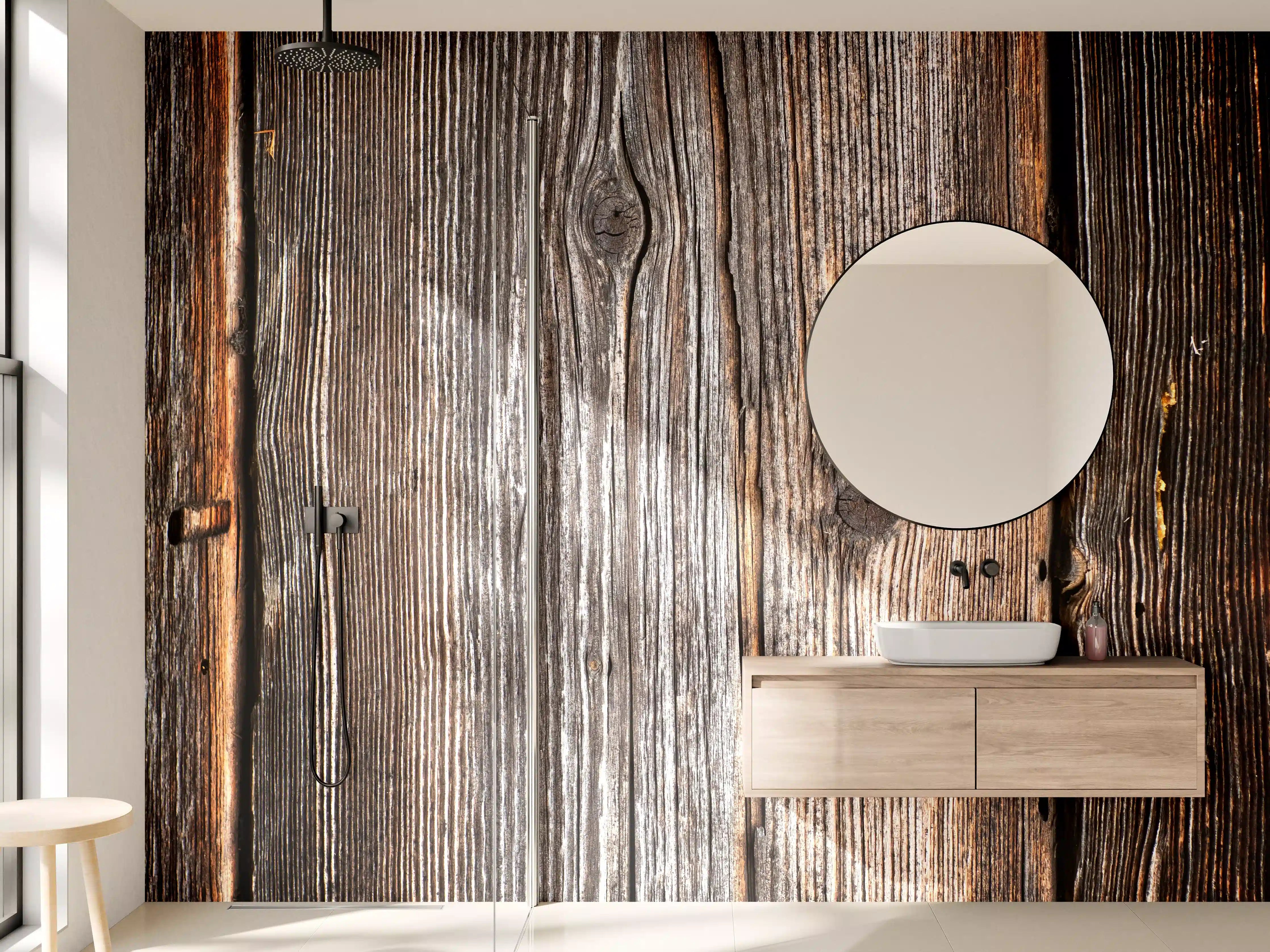 Wandverkleidung Bad - Rustikale Holzpaneele mit dunkler Patina