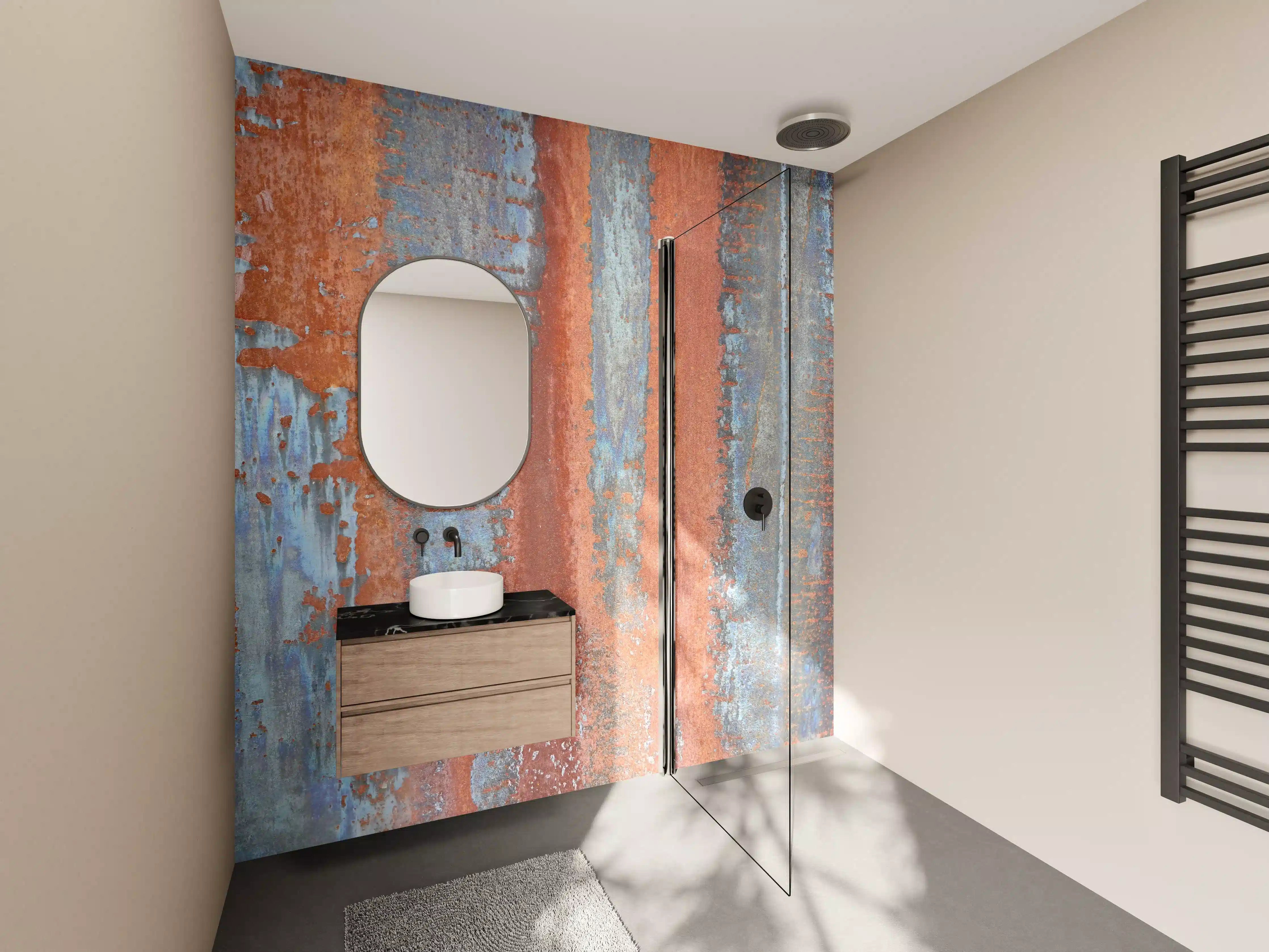 Wandverkleidung Bad - Rustikale Metall-Textur mit Blau- und Kupferakzenten