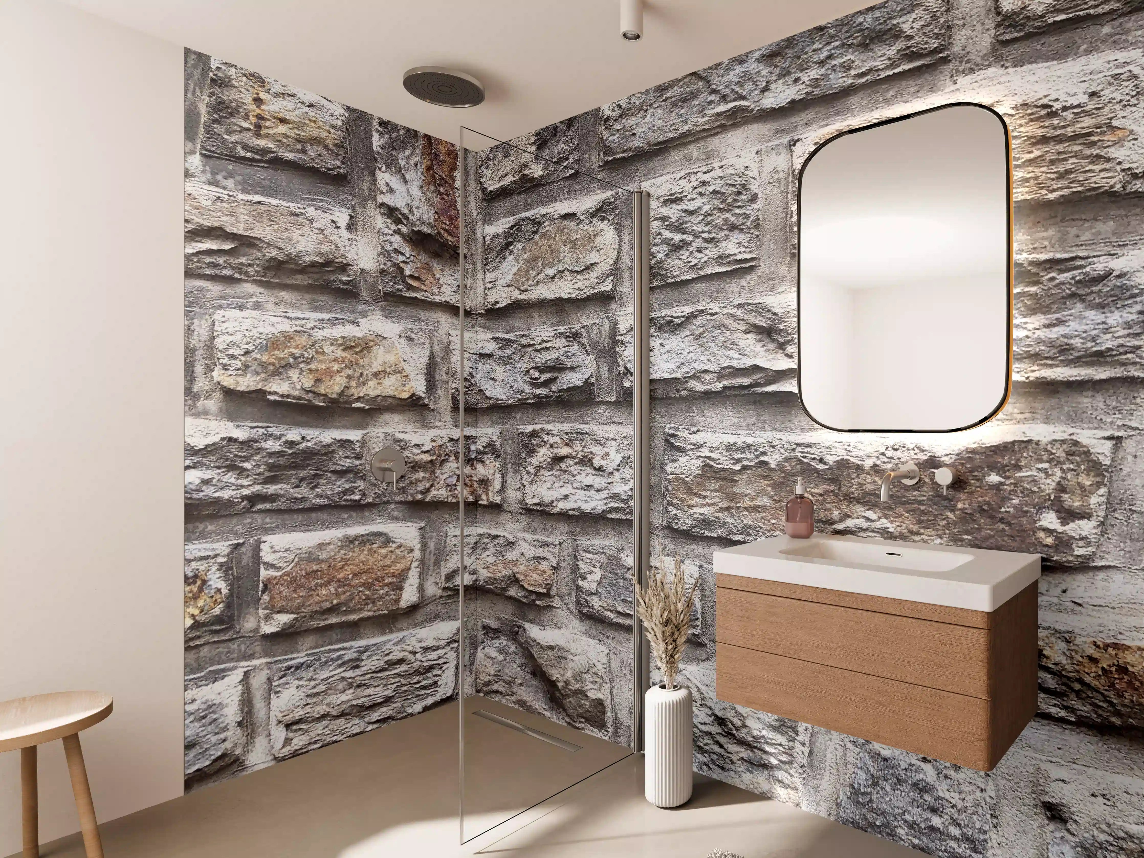 Wandverkleidung Bad - Rustikale Steinmauer-Optik in Naturtönen