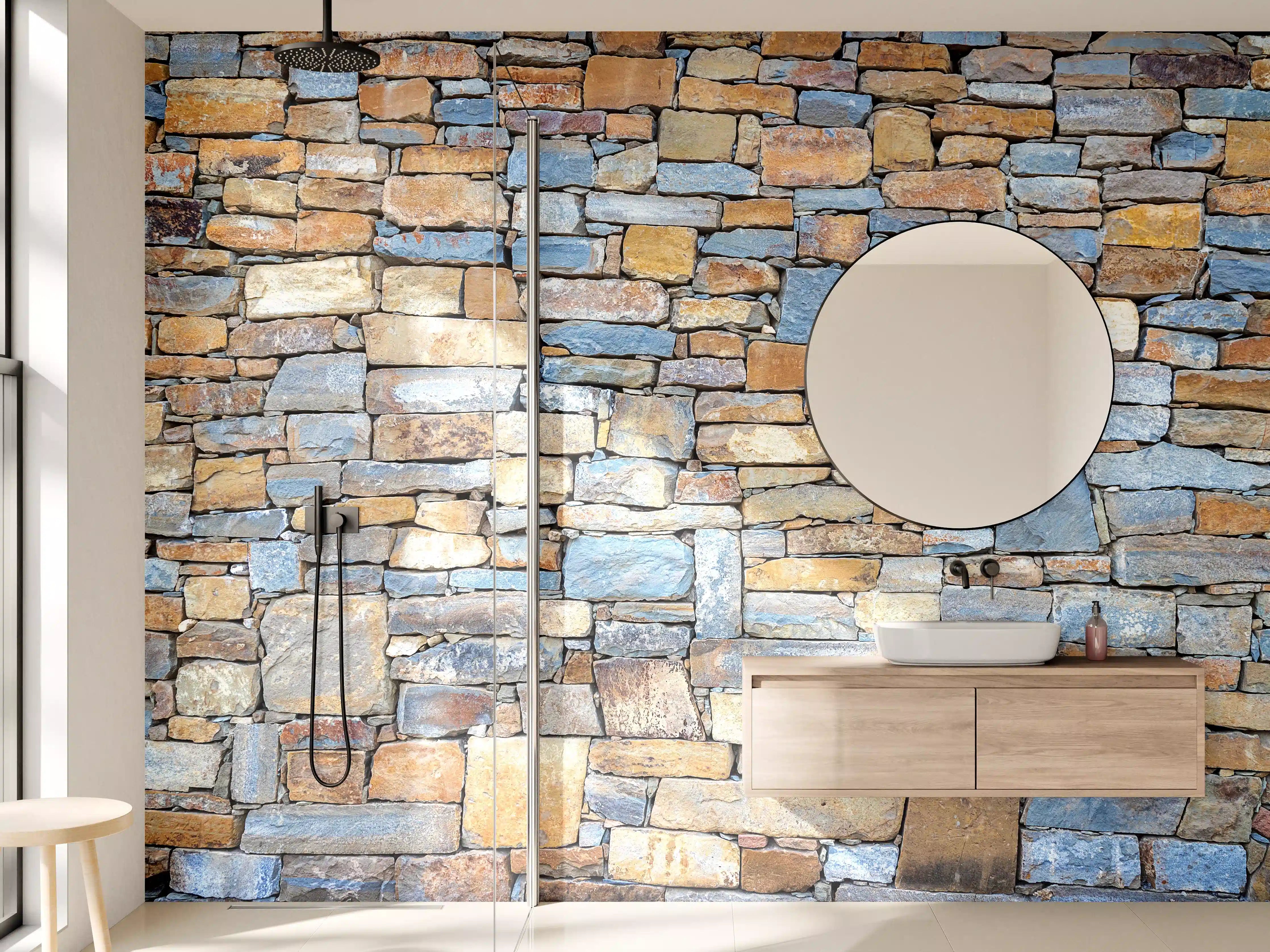 Wandverkleidung Bad - Rustikale Steinmauer in Naturfarben