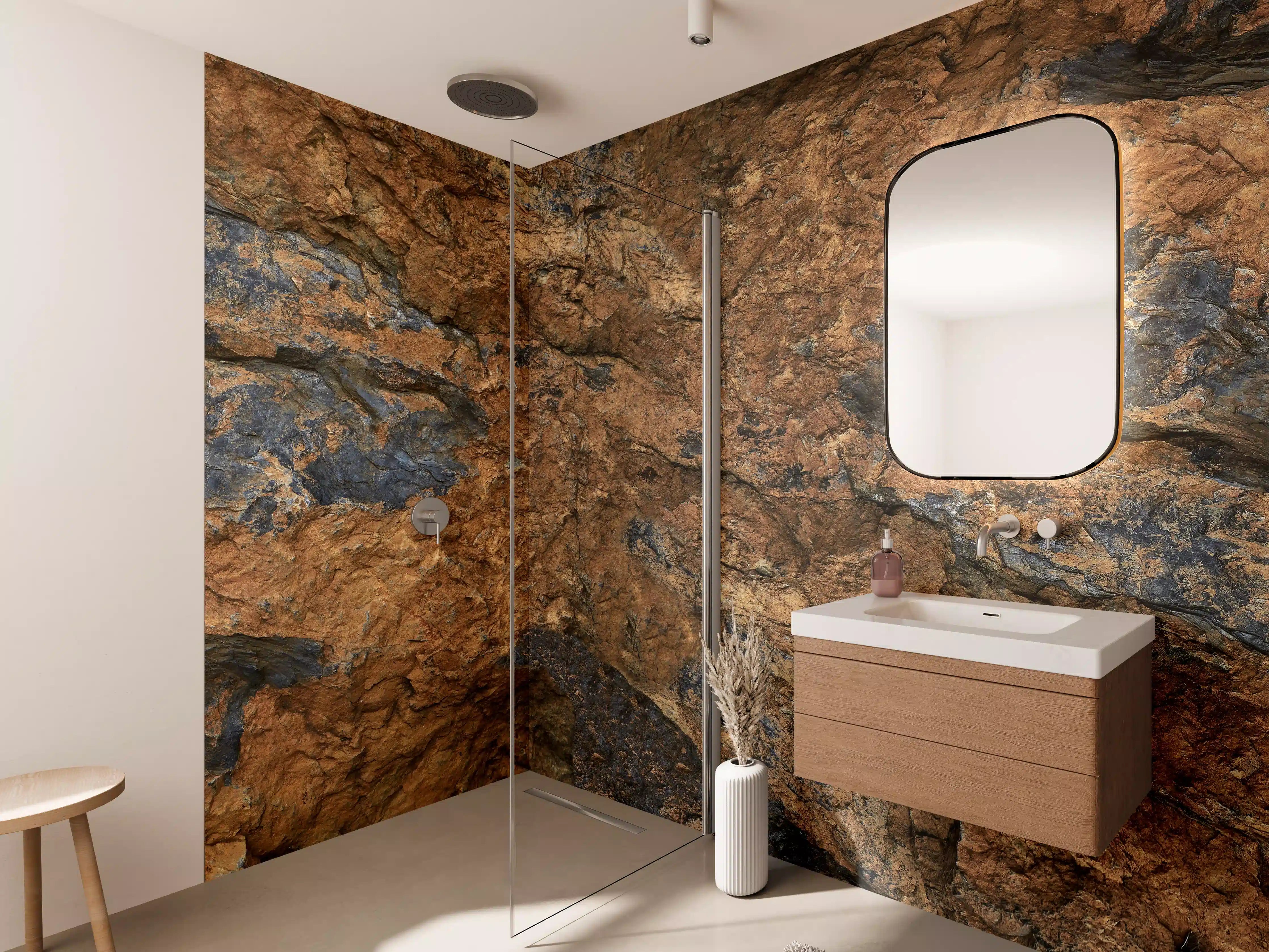 Wandverkleidung Bad - Rustikale Steinwandoptik mit erdigen Tönen