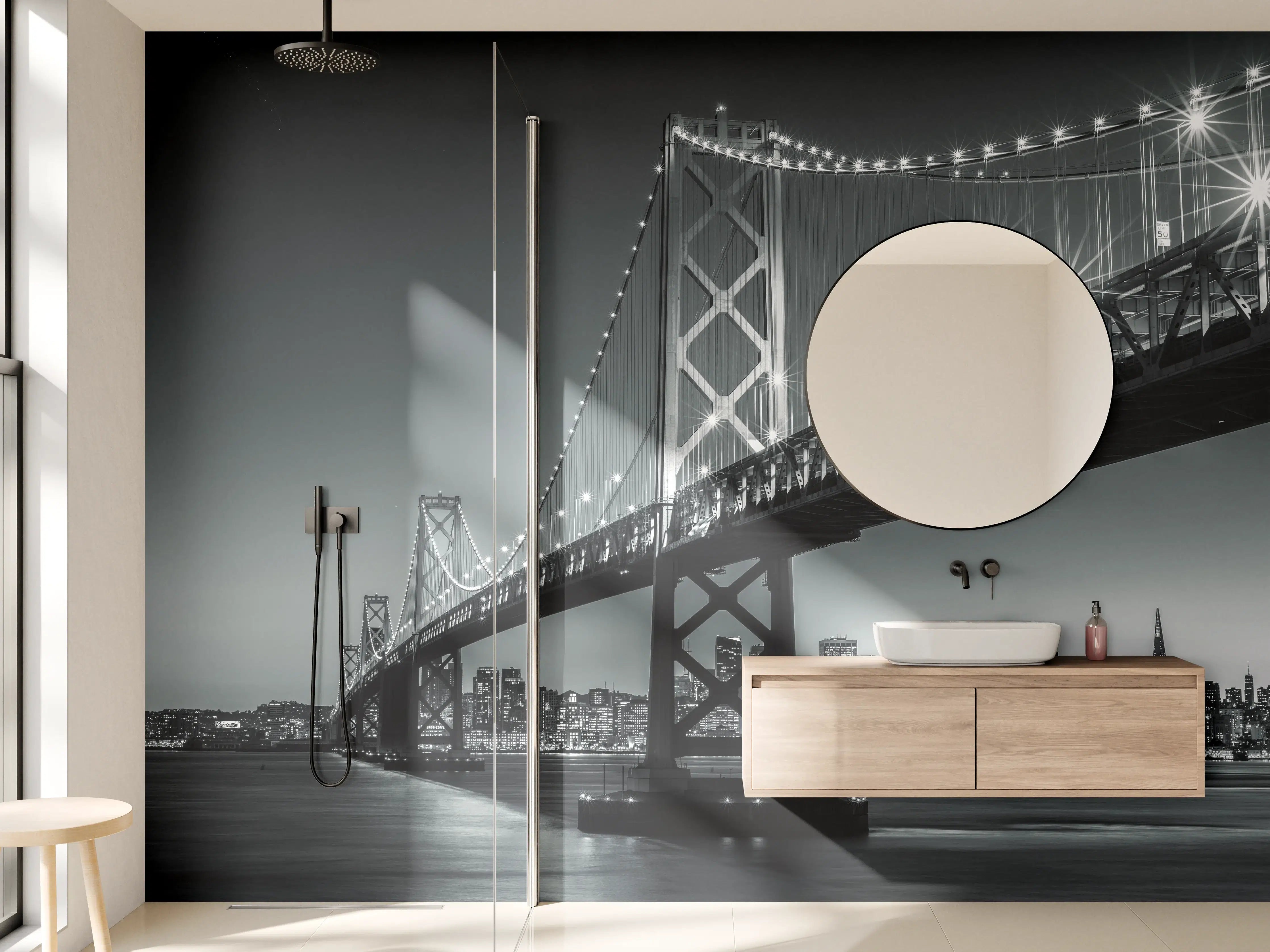 Wandverkleidung Bad - San Francisco Bay Bridge in Schwarz und Weiß