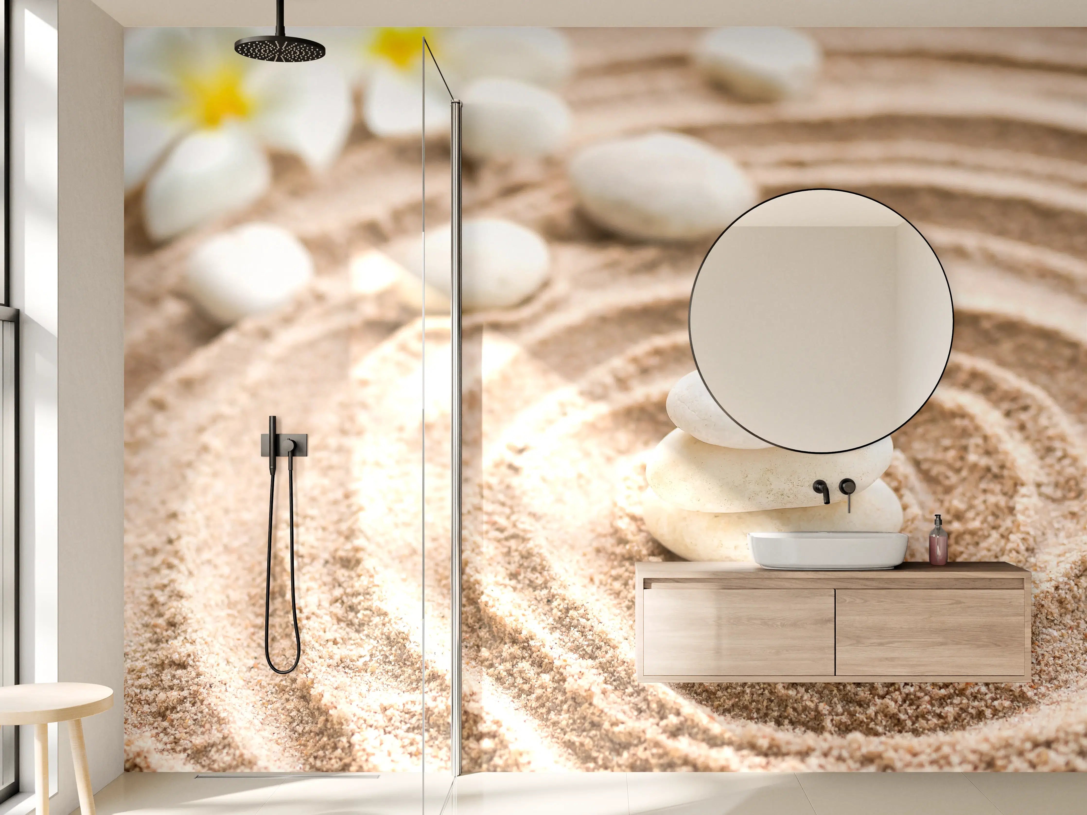 Wandverkleidung Bad - Sandstein mit Steinen und Blumen