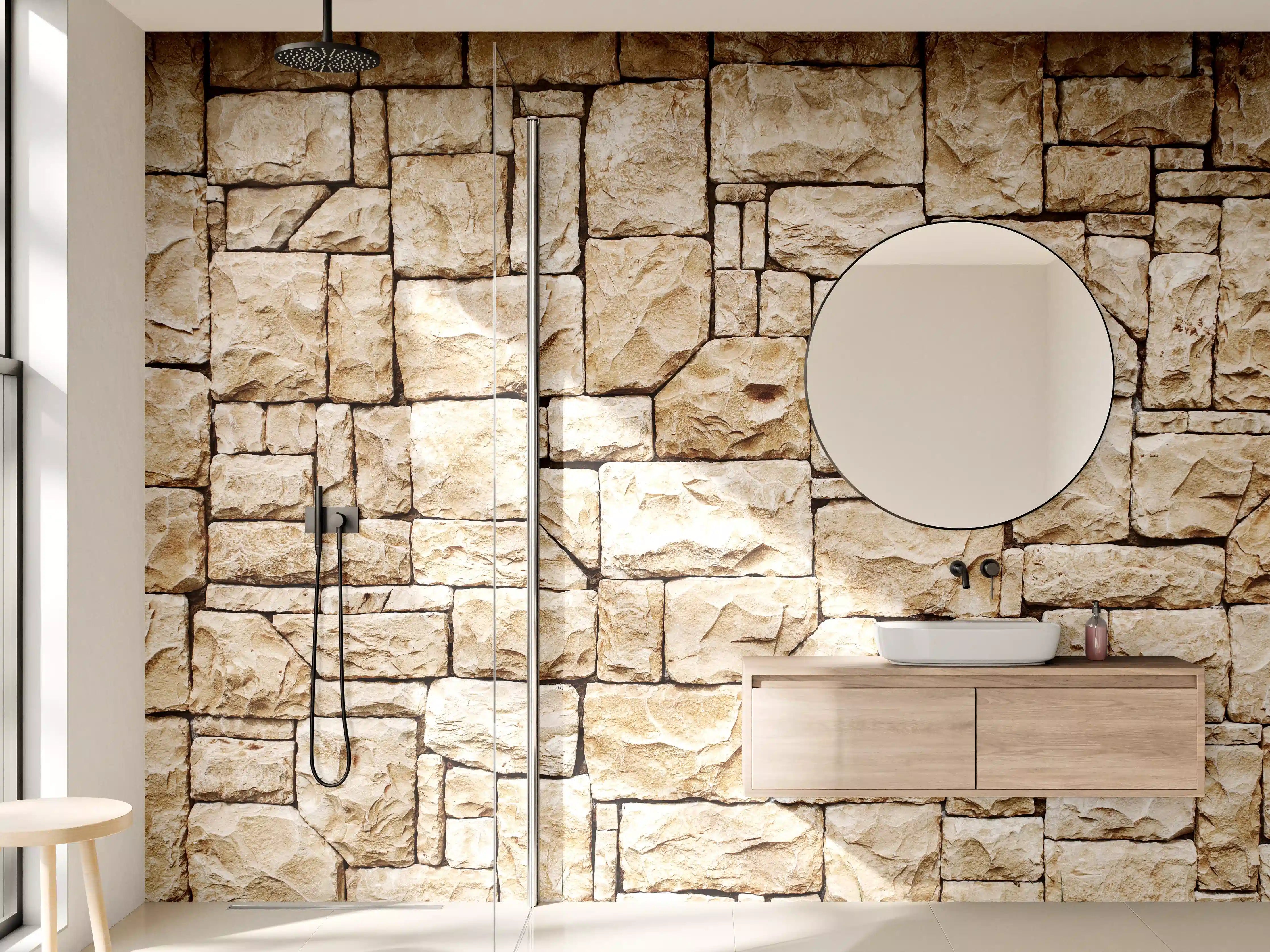 Wandverkleidung Bad - Sandsteinmauer in warmen Erdtönen