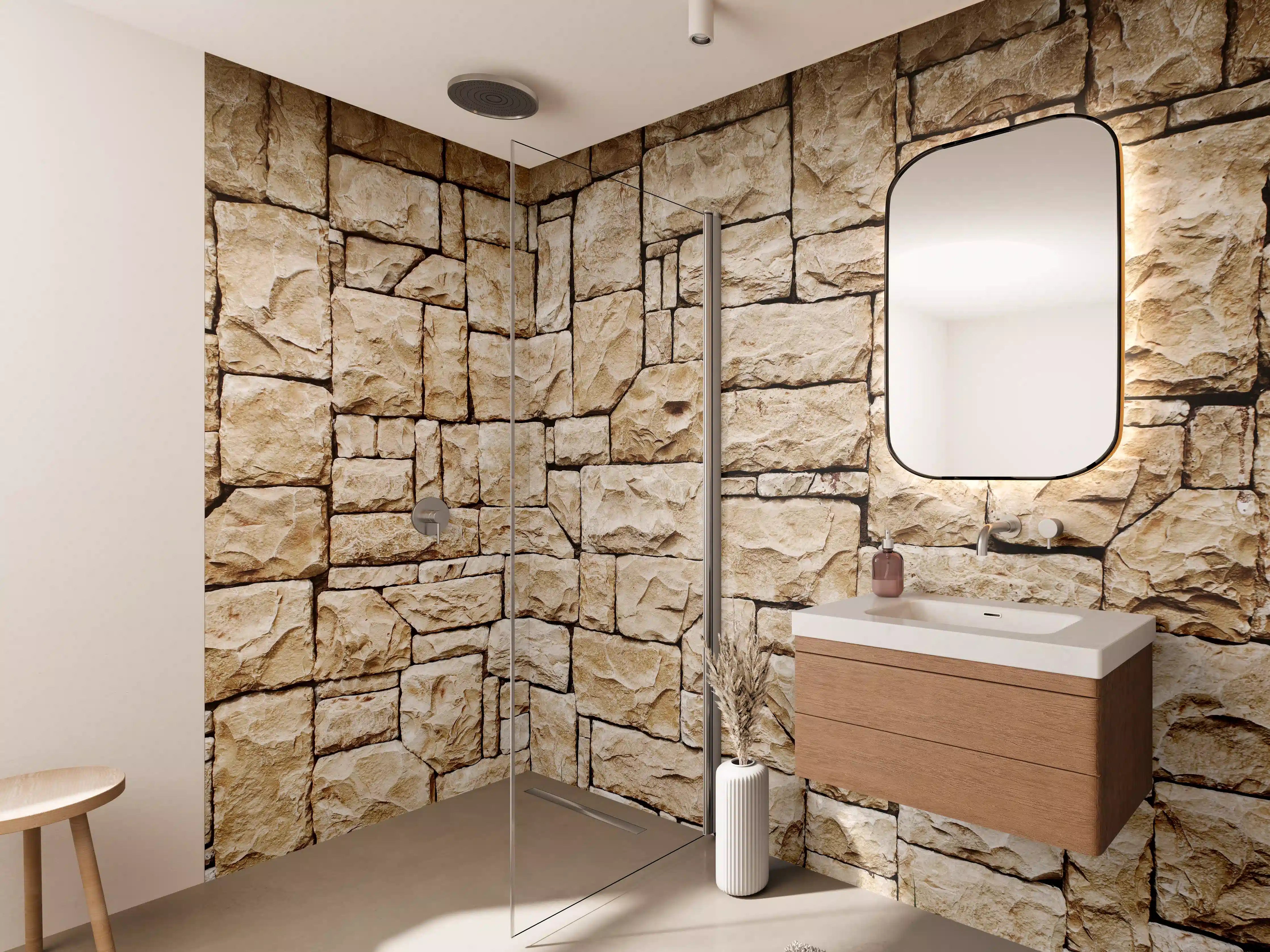 Wandverkleidung Bad - Sandsteinmauer in warmen Erdtönen