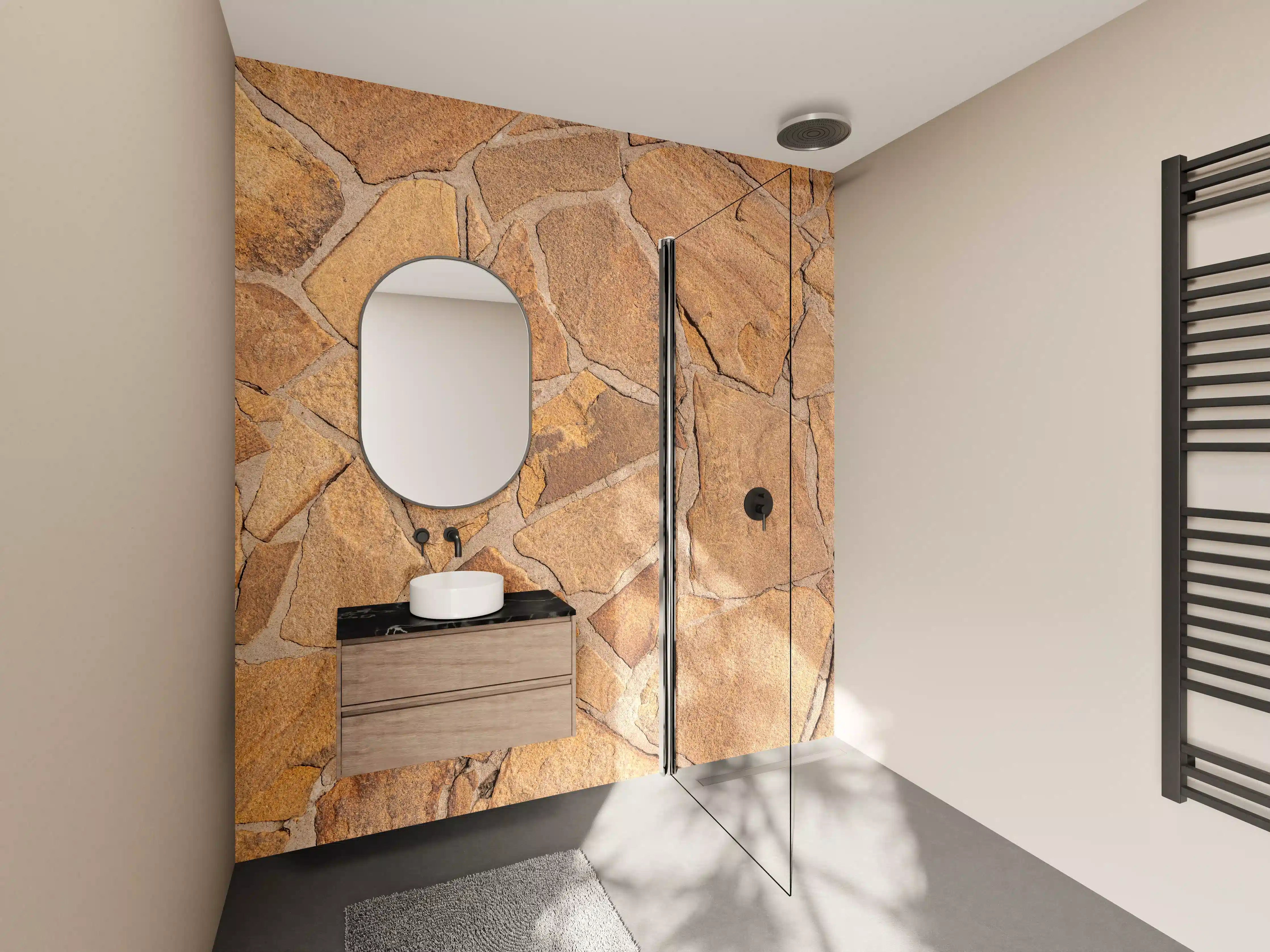 Wandverkleidung Bad - Sandsteinoptik in warmen Tönen