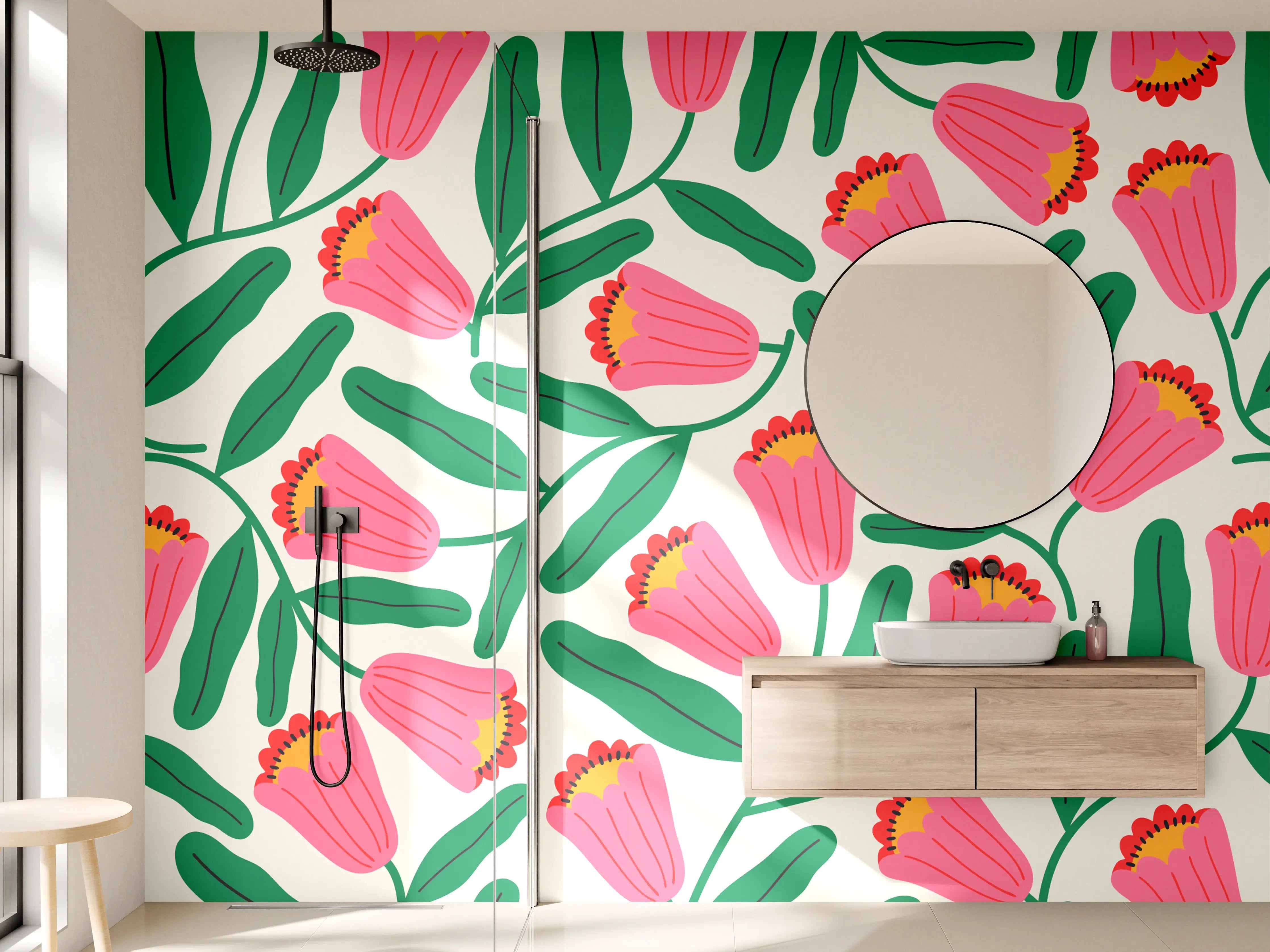 Wandverkleidung Bad - Sanfte Blumen in Pink, Grün und Grautönen