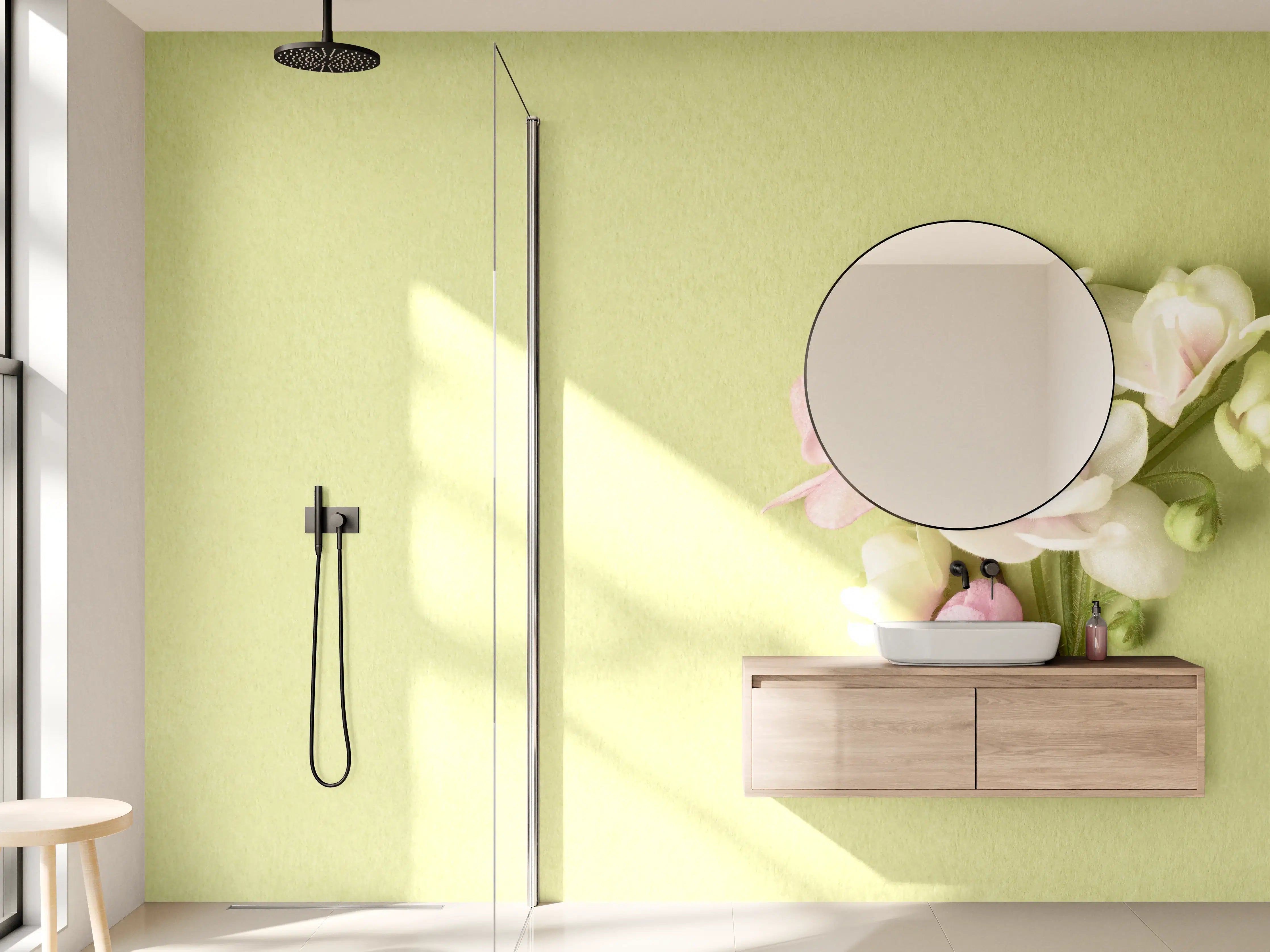 Wandverkleidung Bad - Sanfte Frühlingsblüten auf hellgrünem Hintergrund