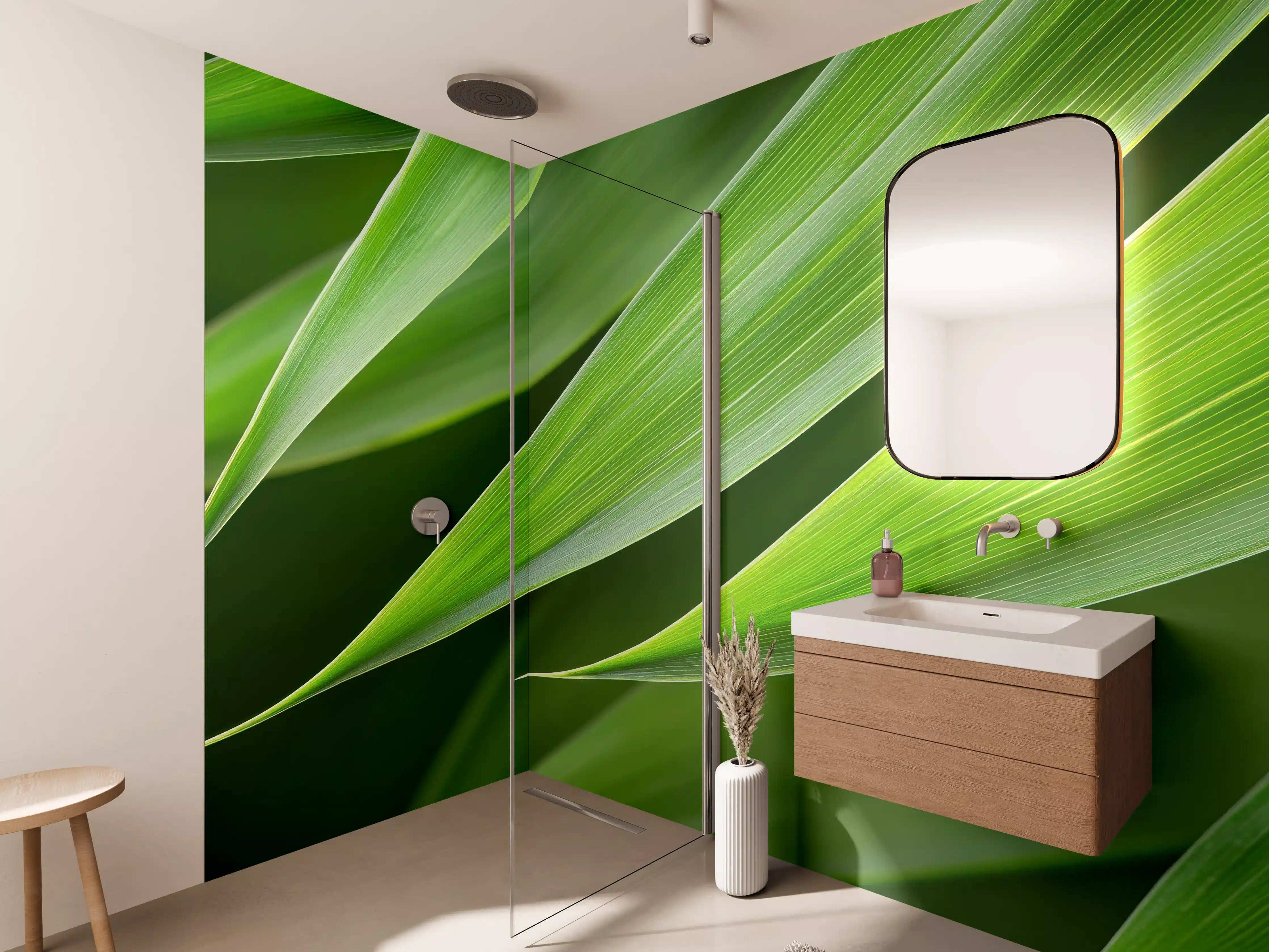 Wandverkleidung Bad - Sanfte Grautöne im Grünen Blättermeer