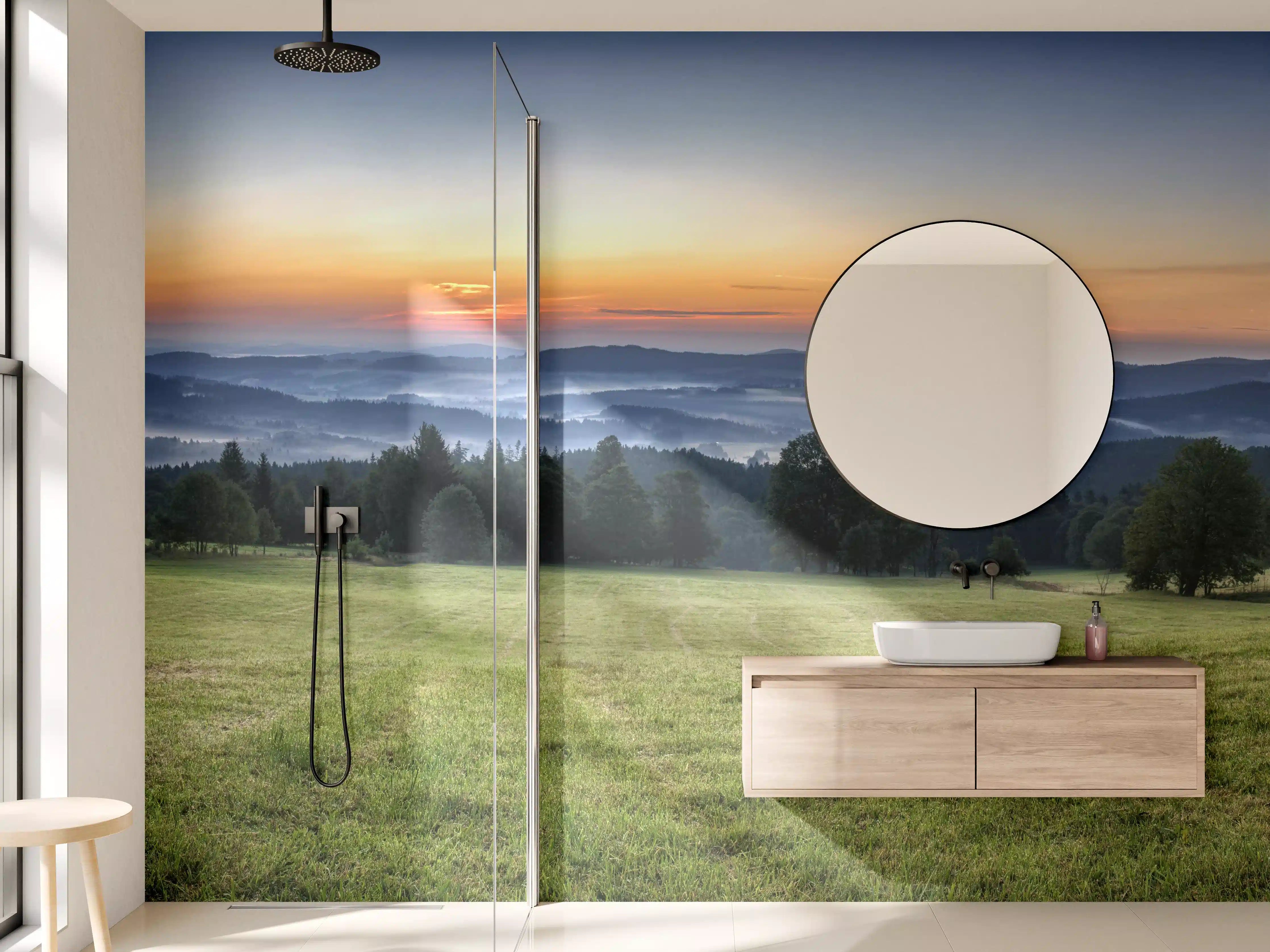 Wandverkleidung Bad - Sanfte Morgenlandschaft mit Sonnenaufgang