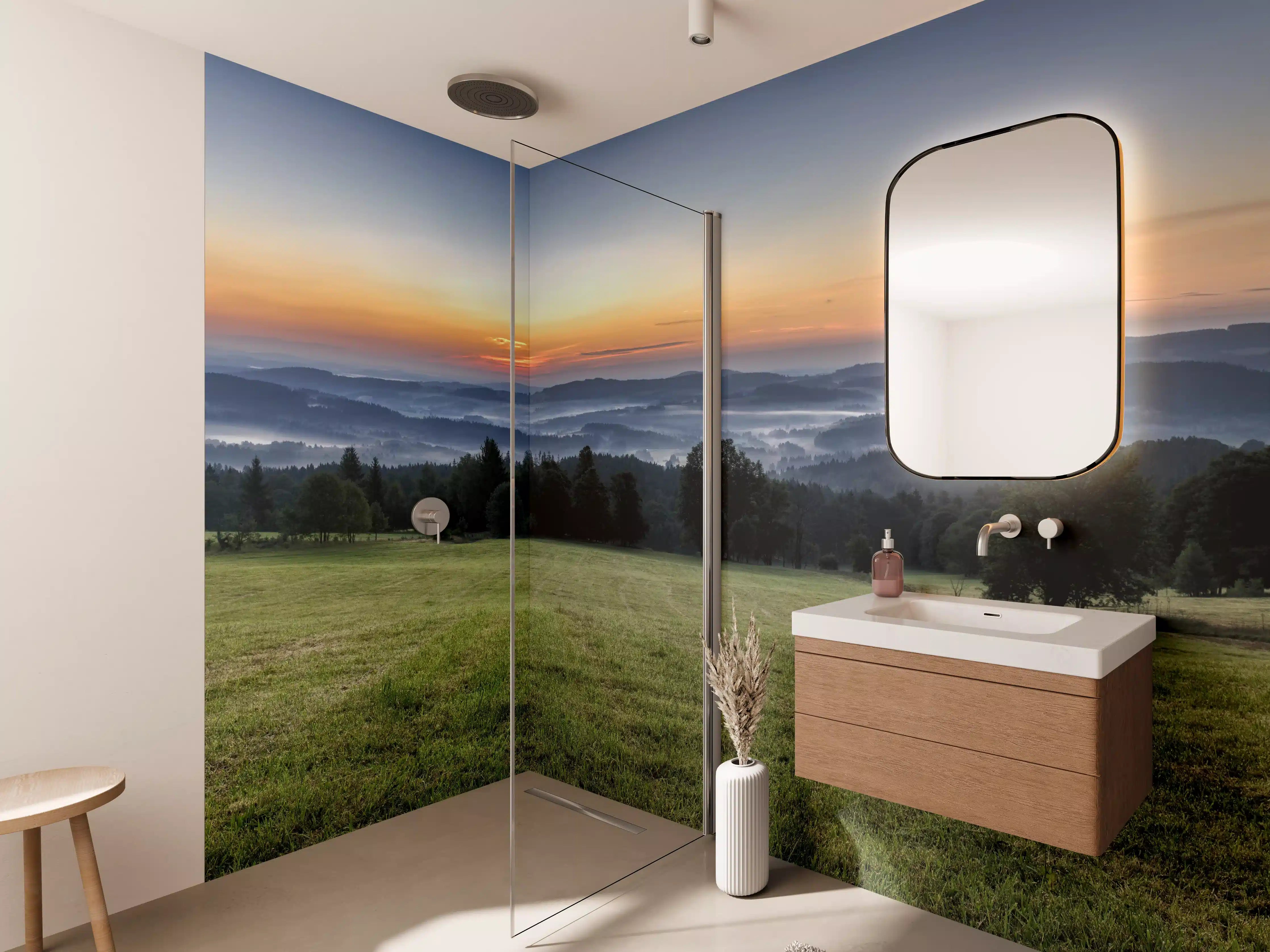 Wandverkleidung Bad - Sanfte Morgenlandschaft mit Sonnenaufgang