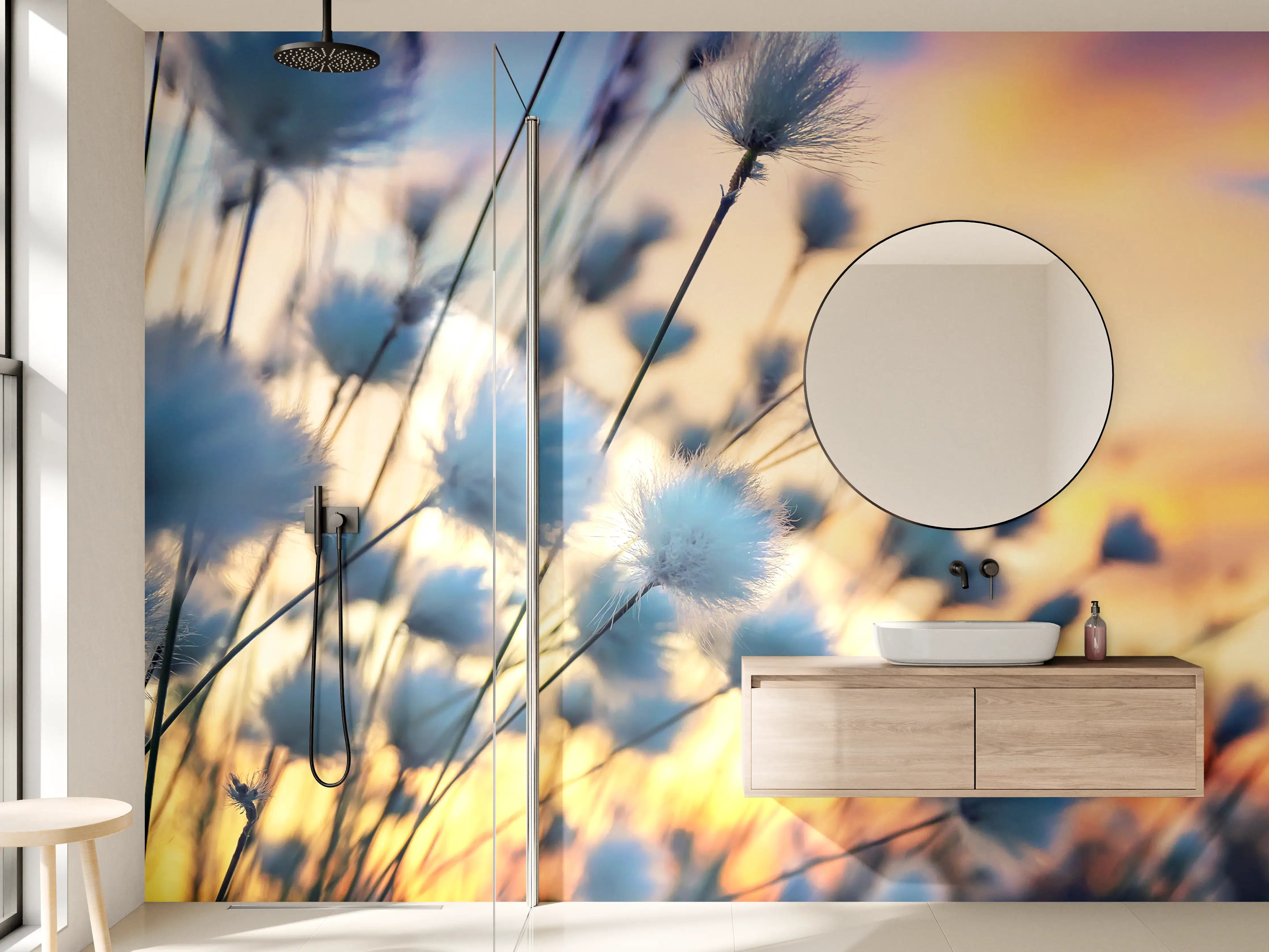 Wandverkleidung Bad - Sanfte Natur: Blumen im Sonnenuntergang