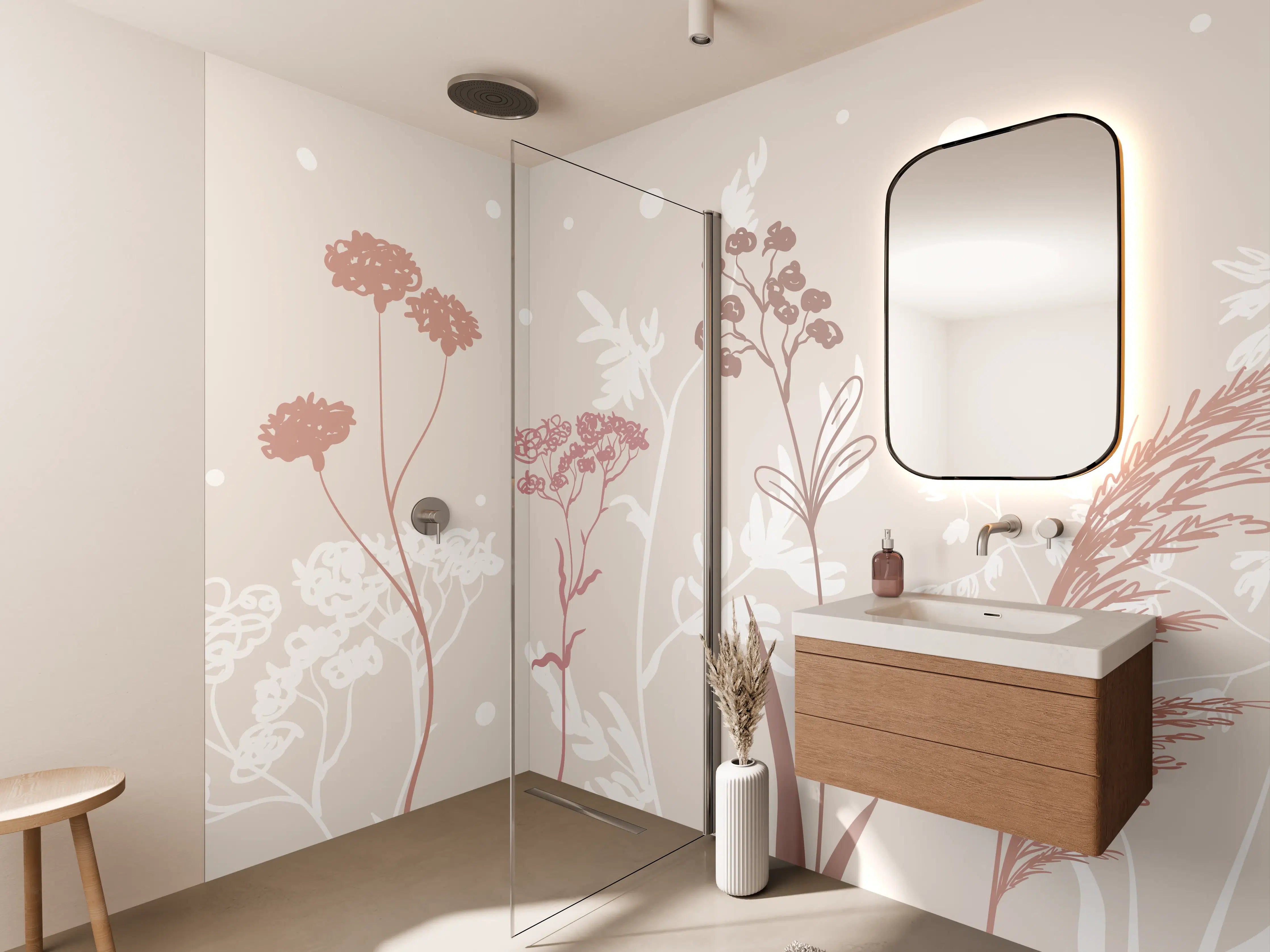 Wandverkleidung Bad - Sanfte Pastell-Blumen-Illustration