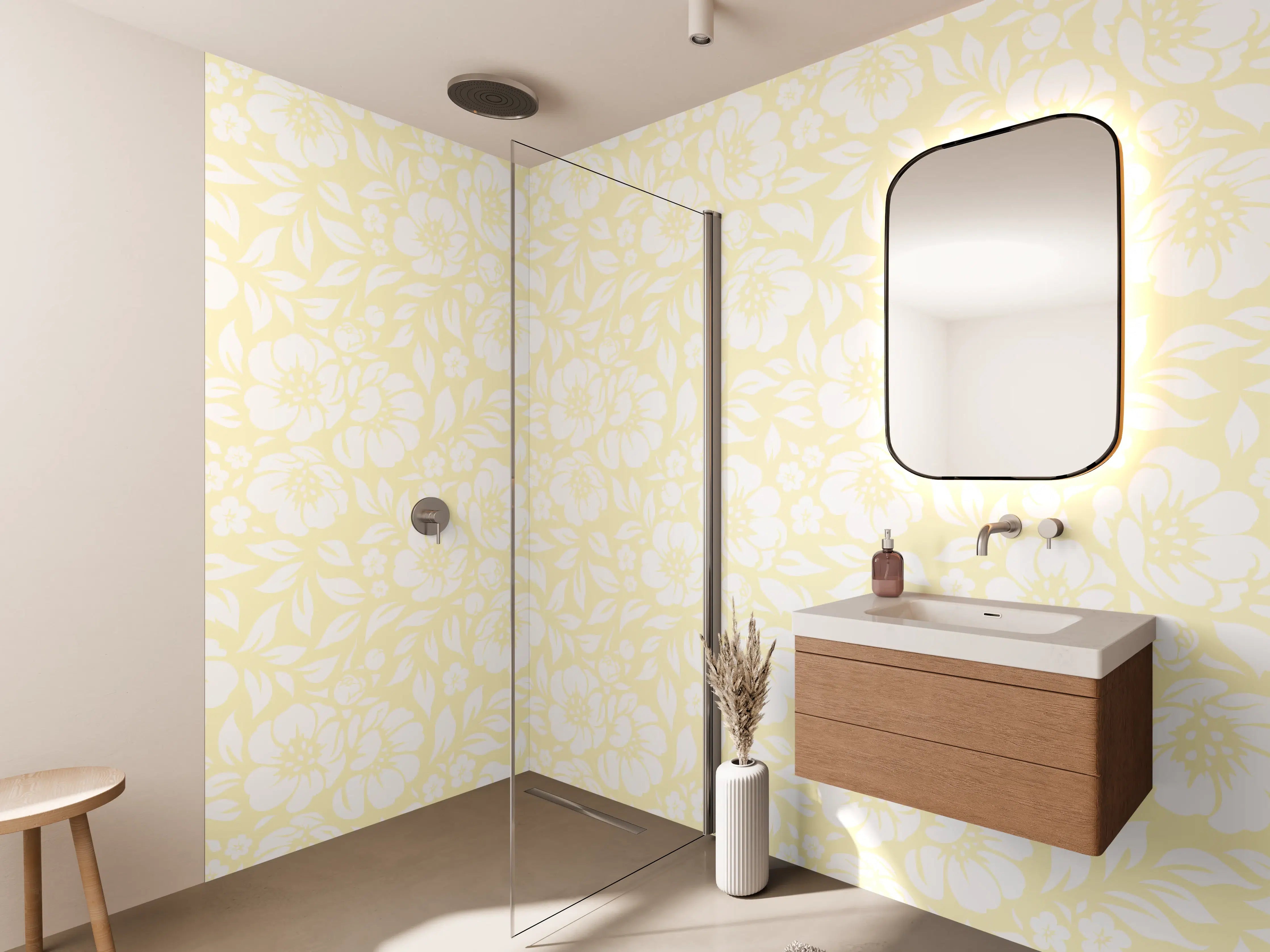 Wandverkleidung Bad - Sanfte Pastellblumen in Grau und Weiß