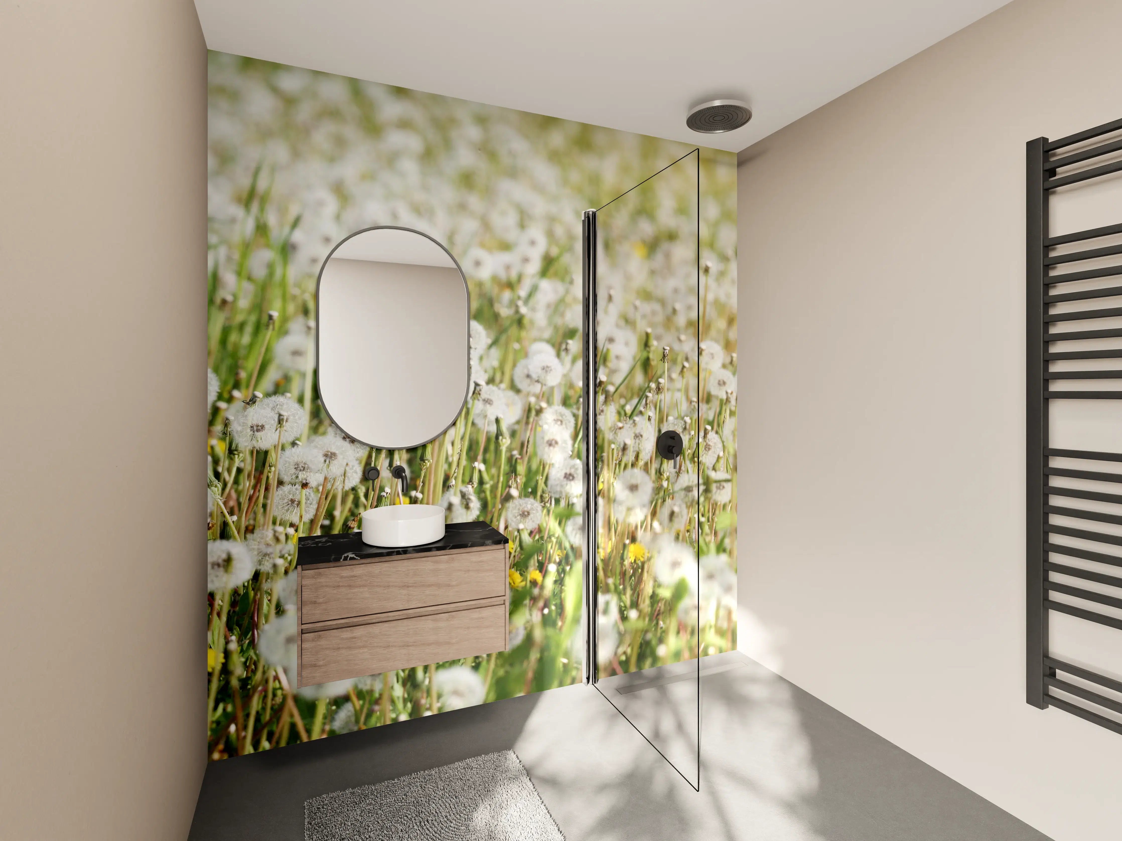 Wandverkleidung Bad - Sanfte Pusteblumenwiesen im Sonnenlicht