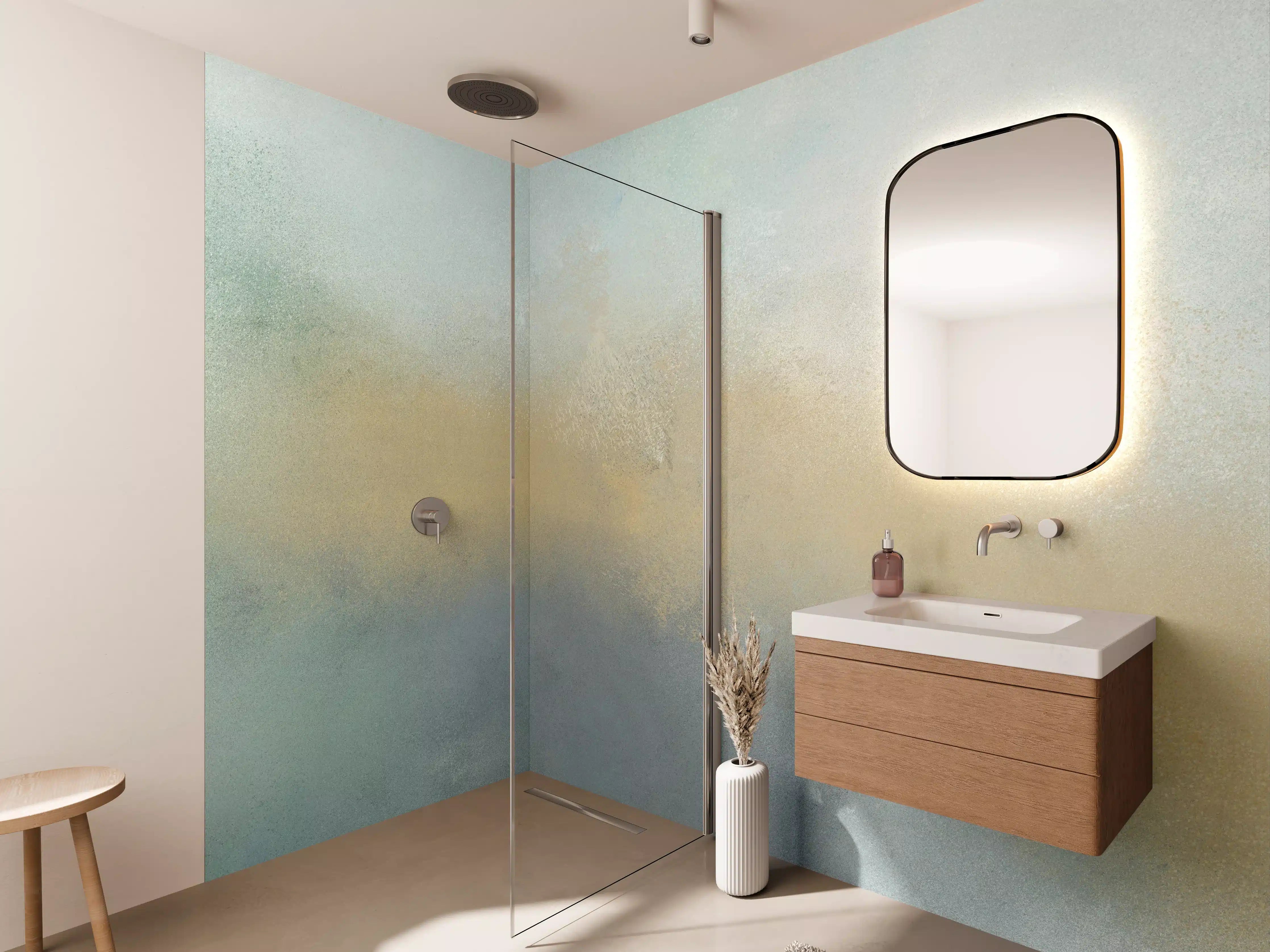 Wandverkleidung Bad - Sanfte Wasserfarben mit Blau- und Beigetönen