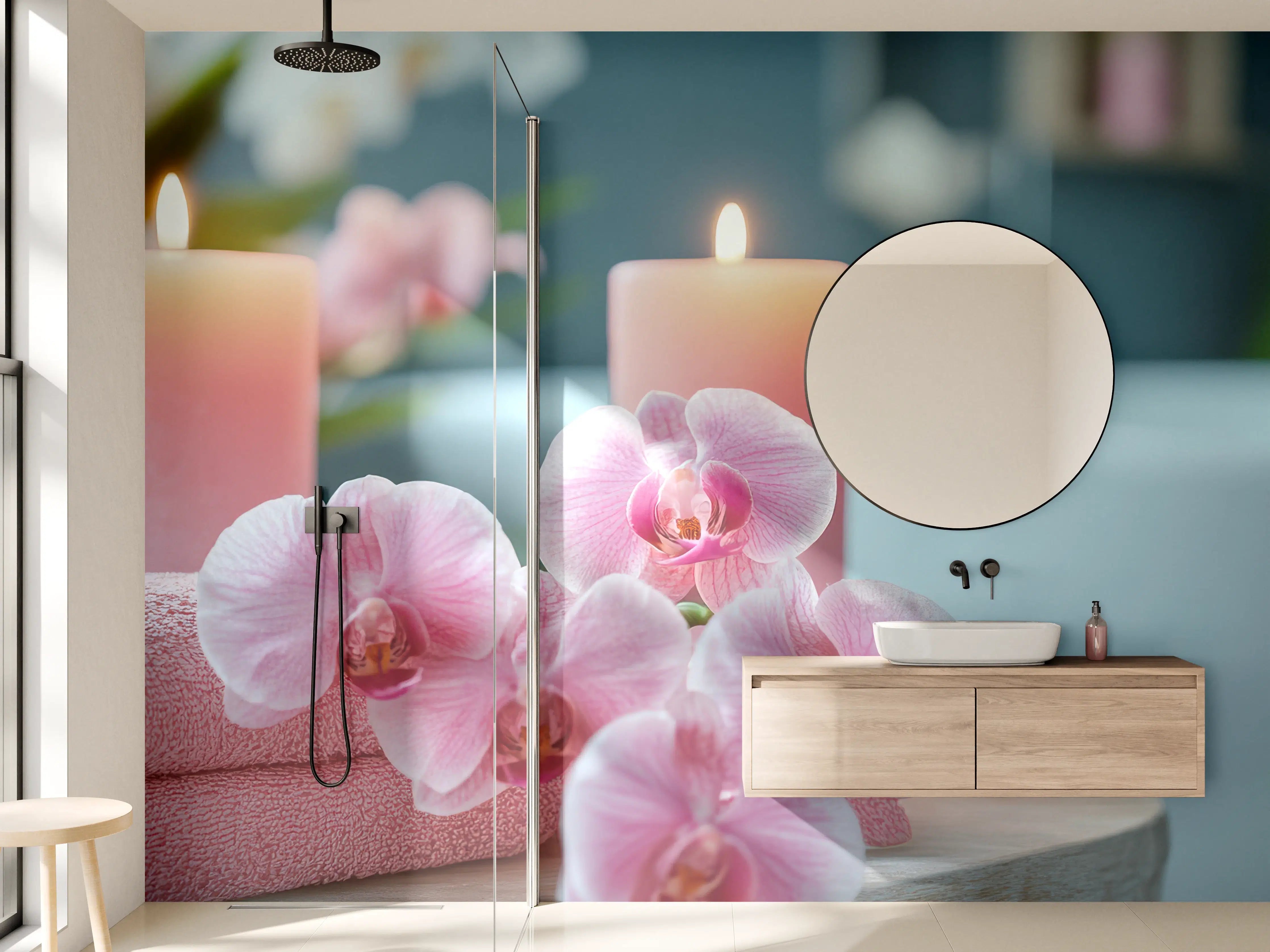 Wandverkleidung Bad - Sanfte rosa Orchideen und Wellness-Atmosphäre
