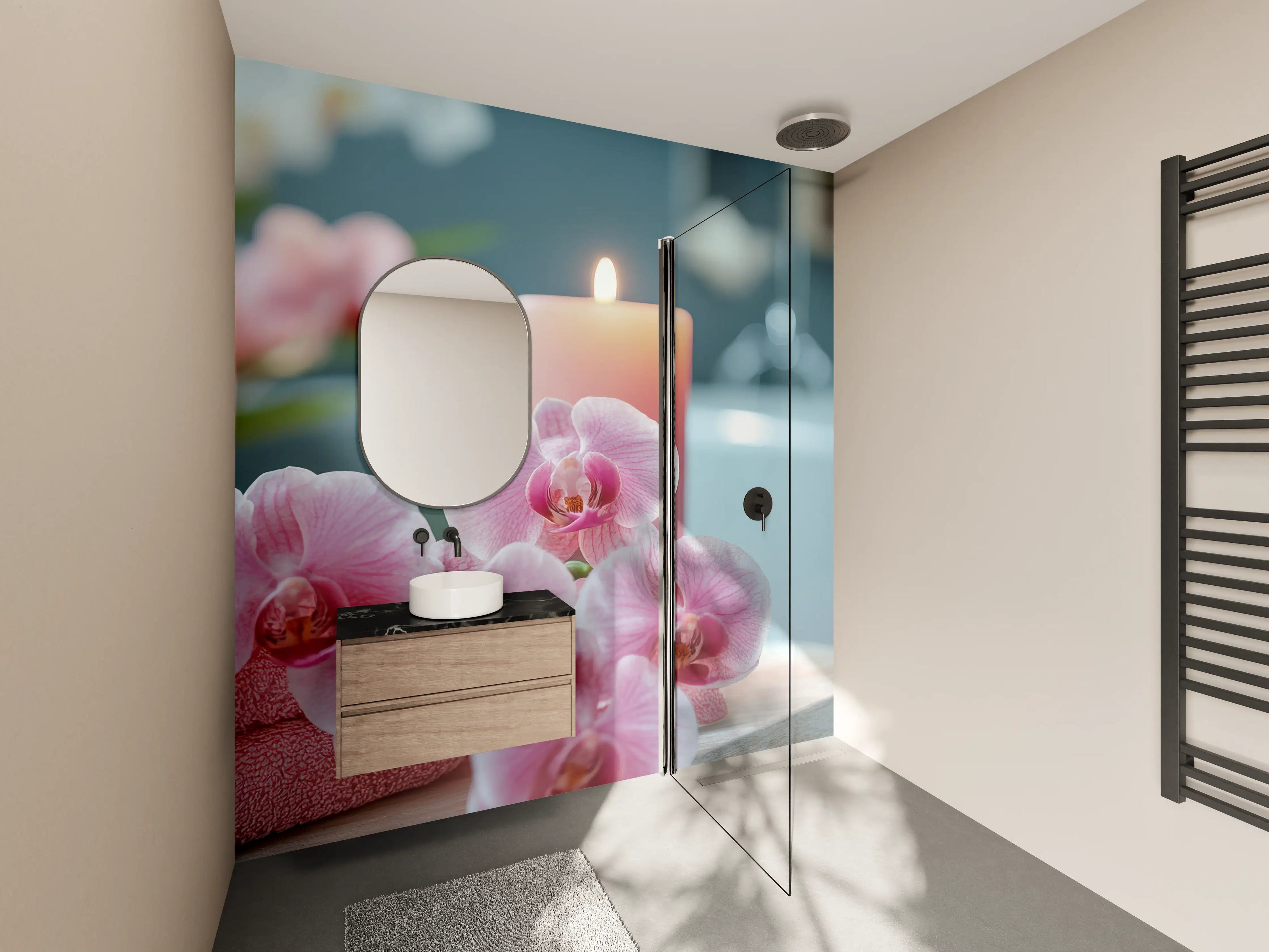 Wandverkleidung Bad - Sanfte rosa Orchideen und Wellness-Atmosphäre