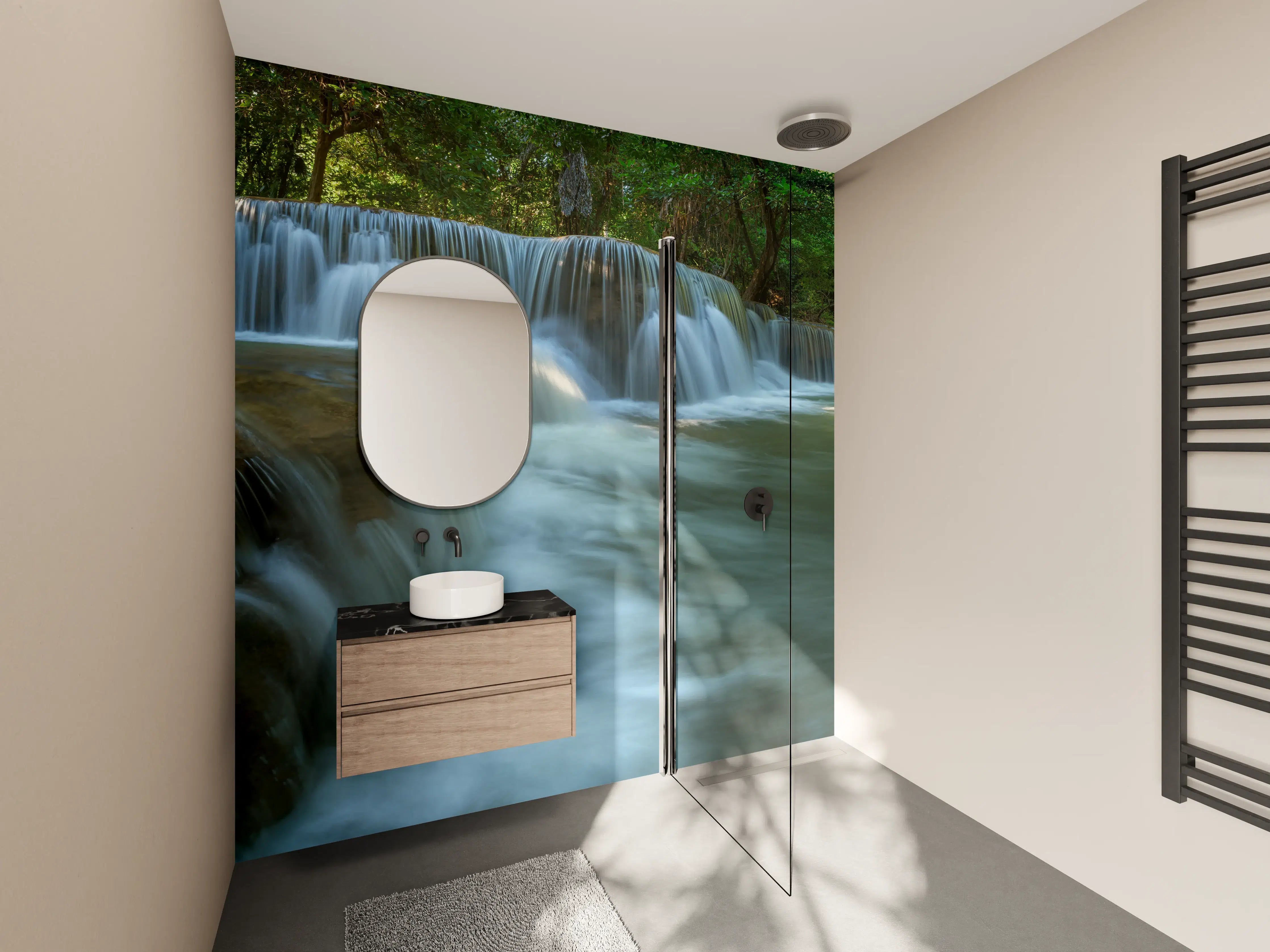 Wandverkleidung Bad - Sanfter Wasserfall in grüner Natur