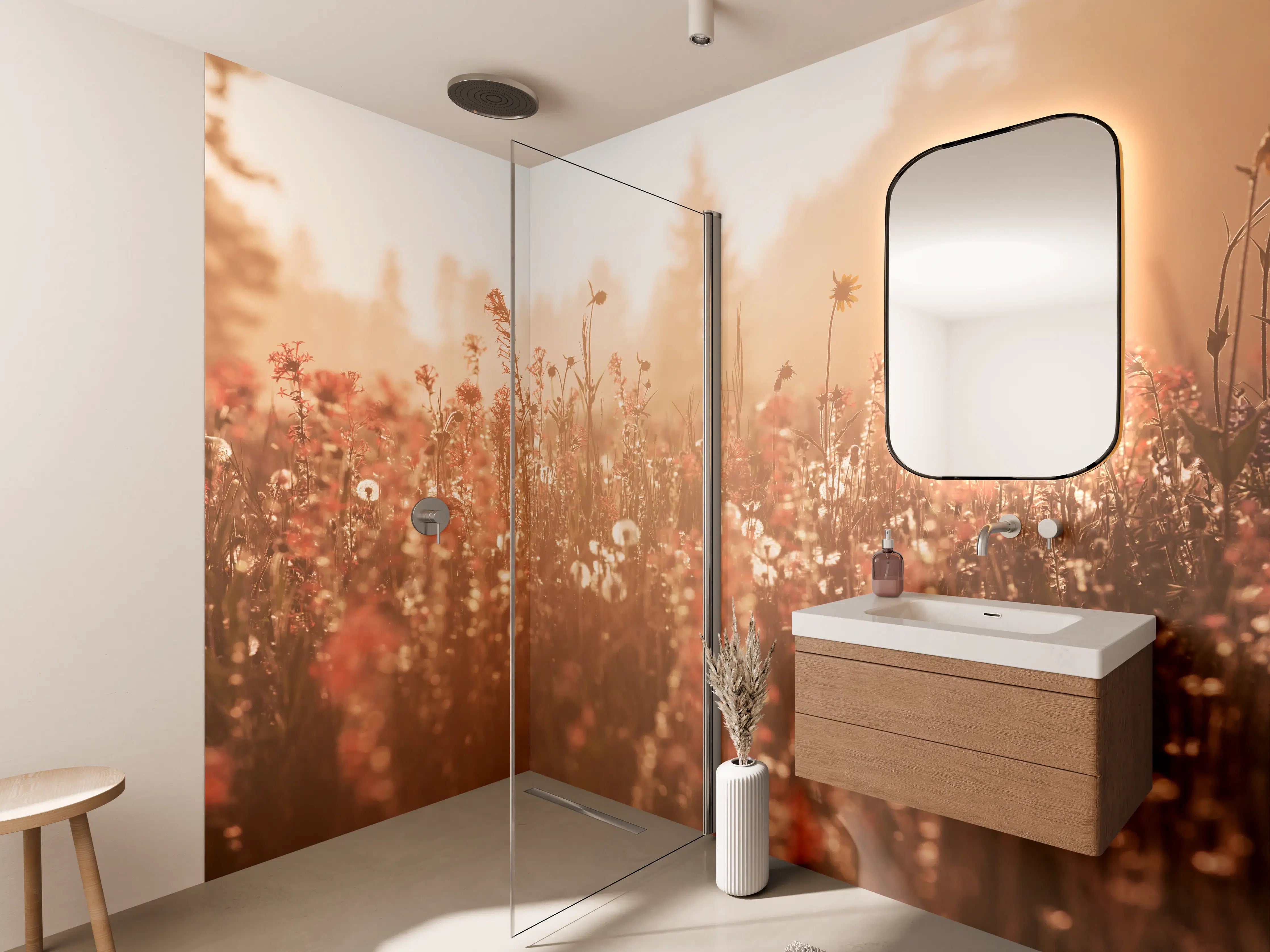 Wandverkleidung Bad - Sanftes Blumenfeld im Sonnenlicht