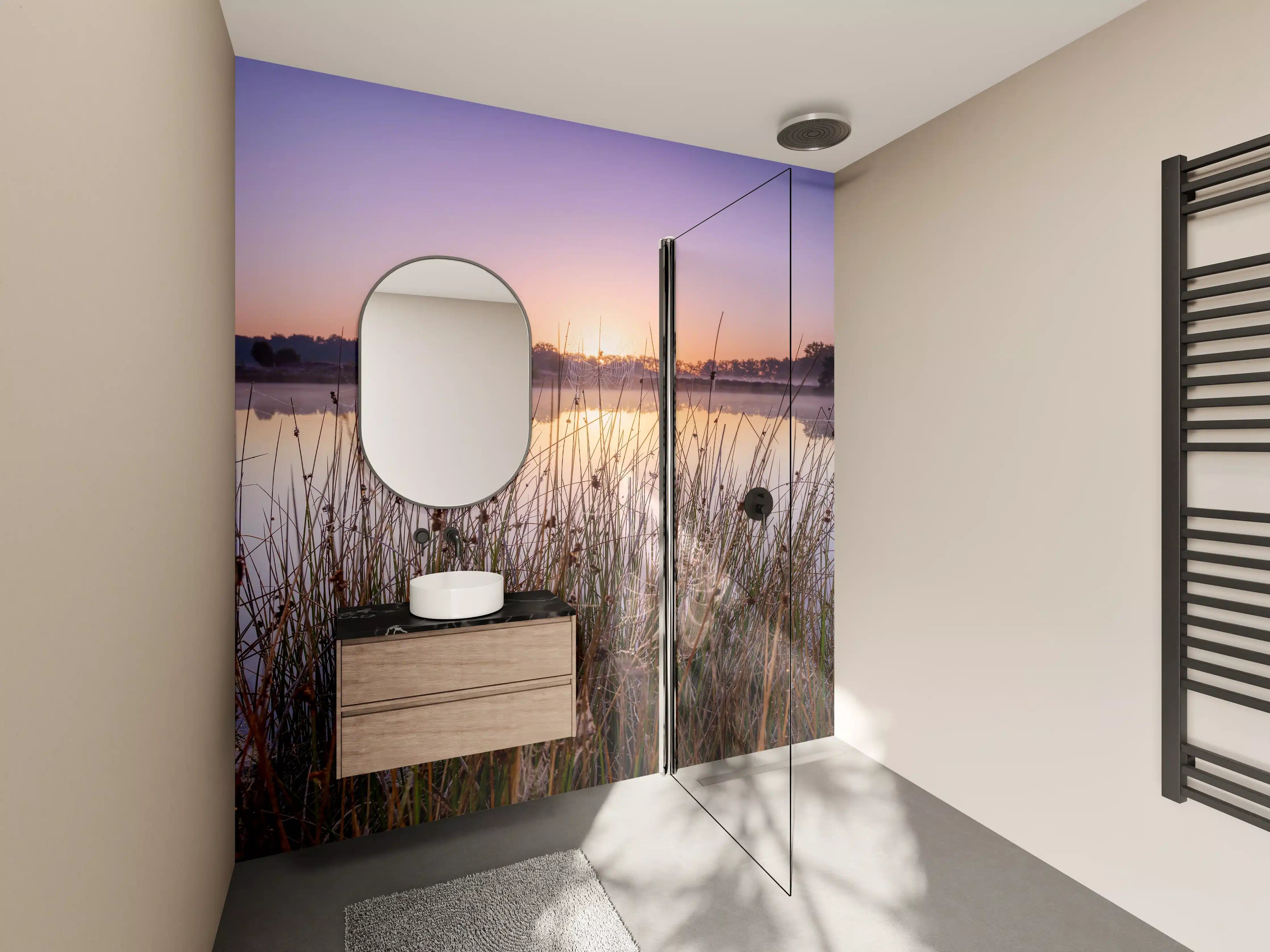 Wandverkleidung Bad - Sanftes Morgenlicht über dem See