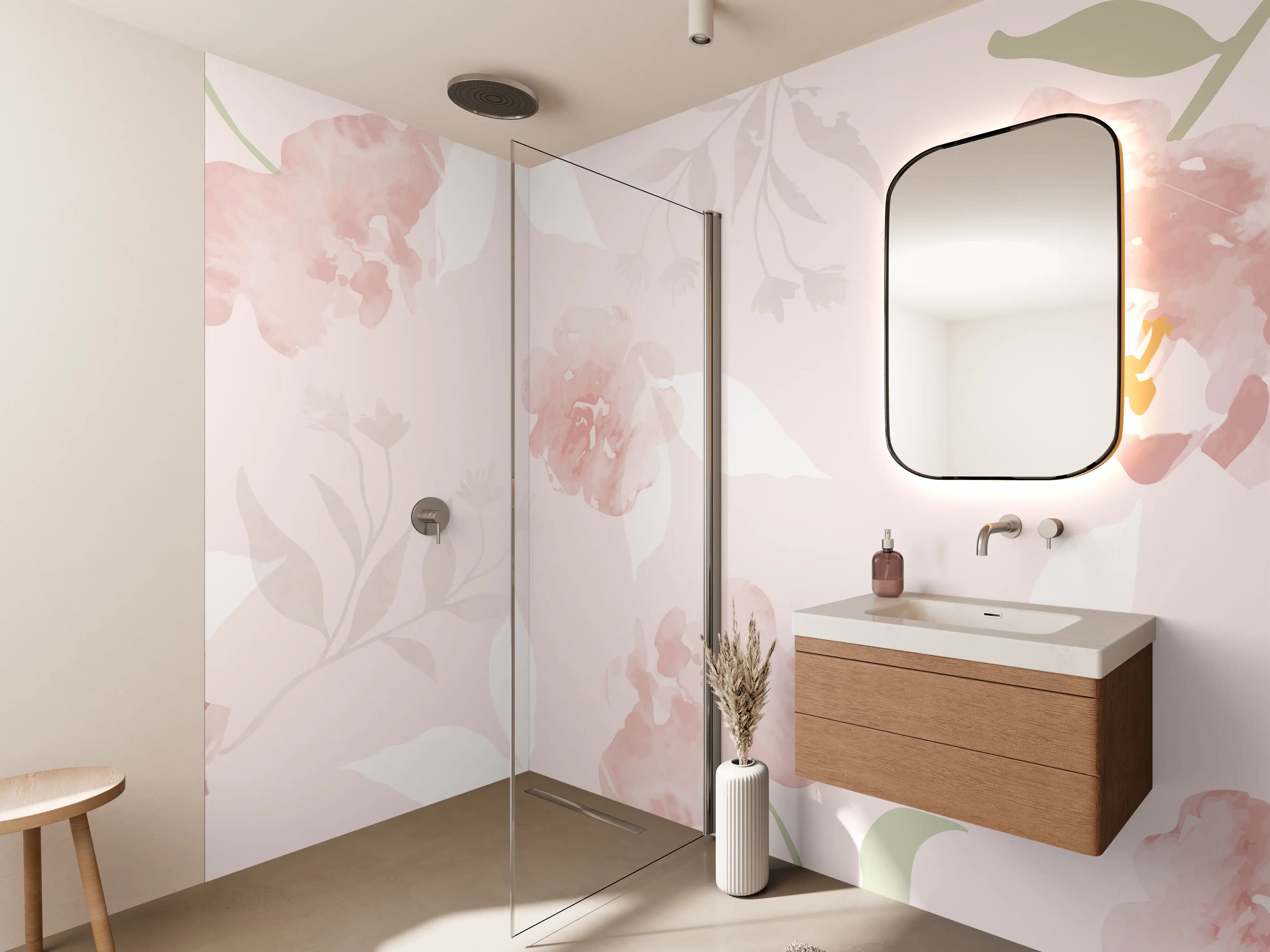Wandverkleidung Bad - Sanftes Rosa Blumenmuster Design