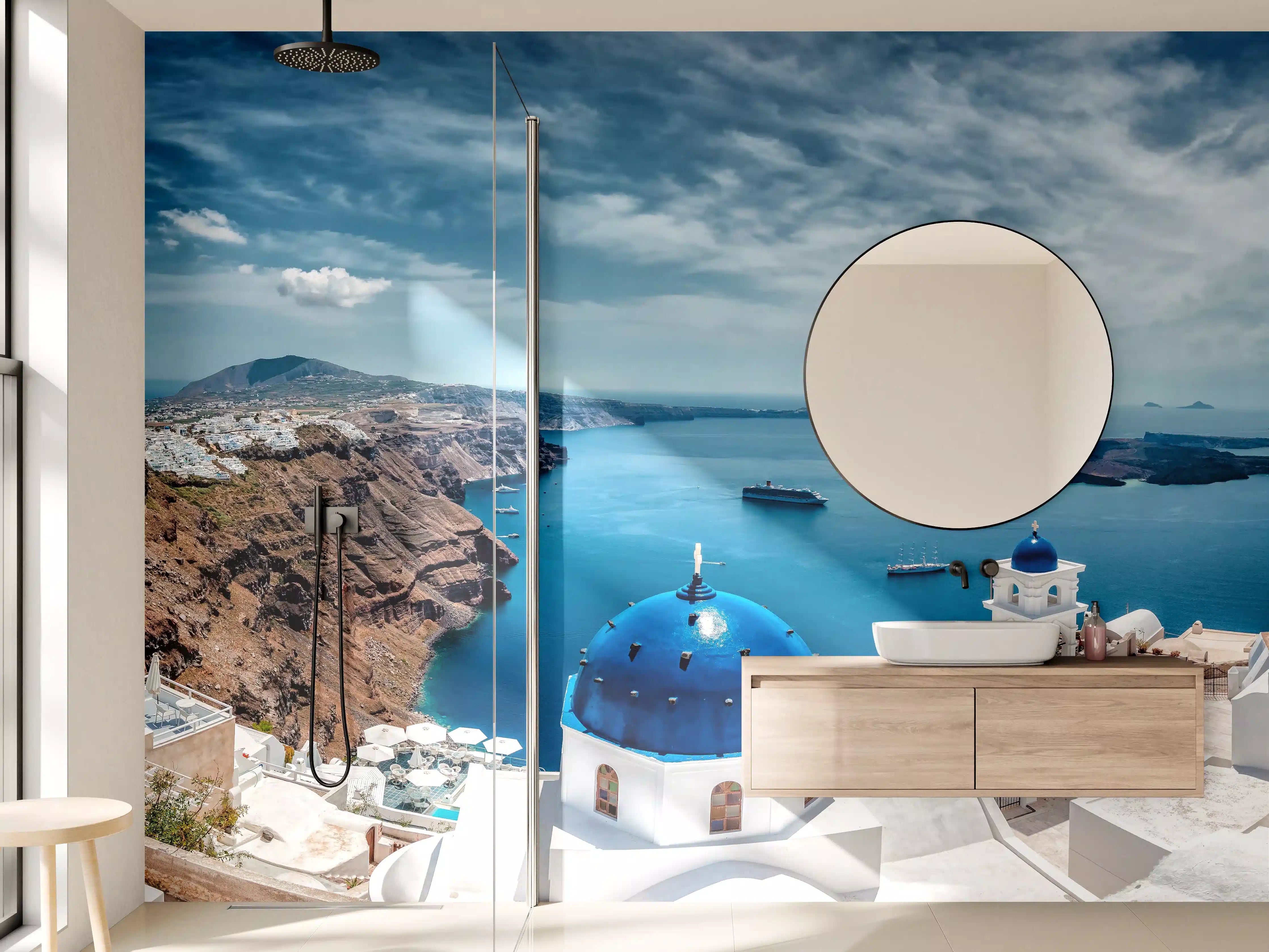 Wandverkleidung Bad - Santorini Blau-Weiß Panoramablick