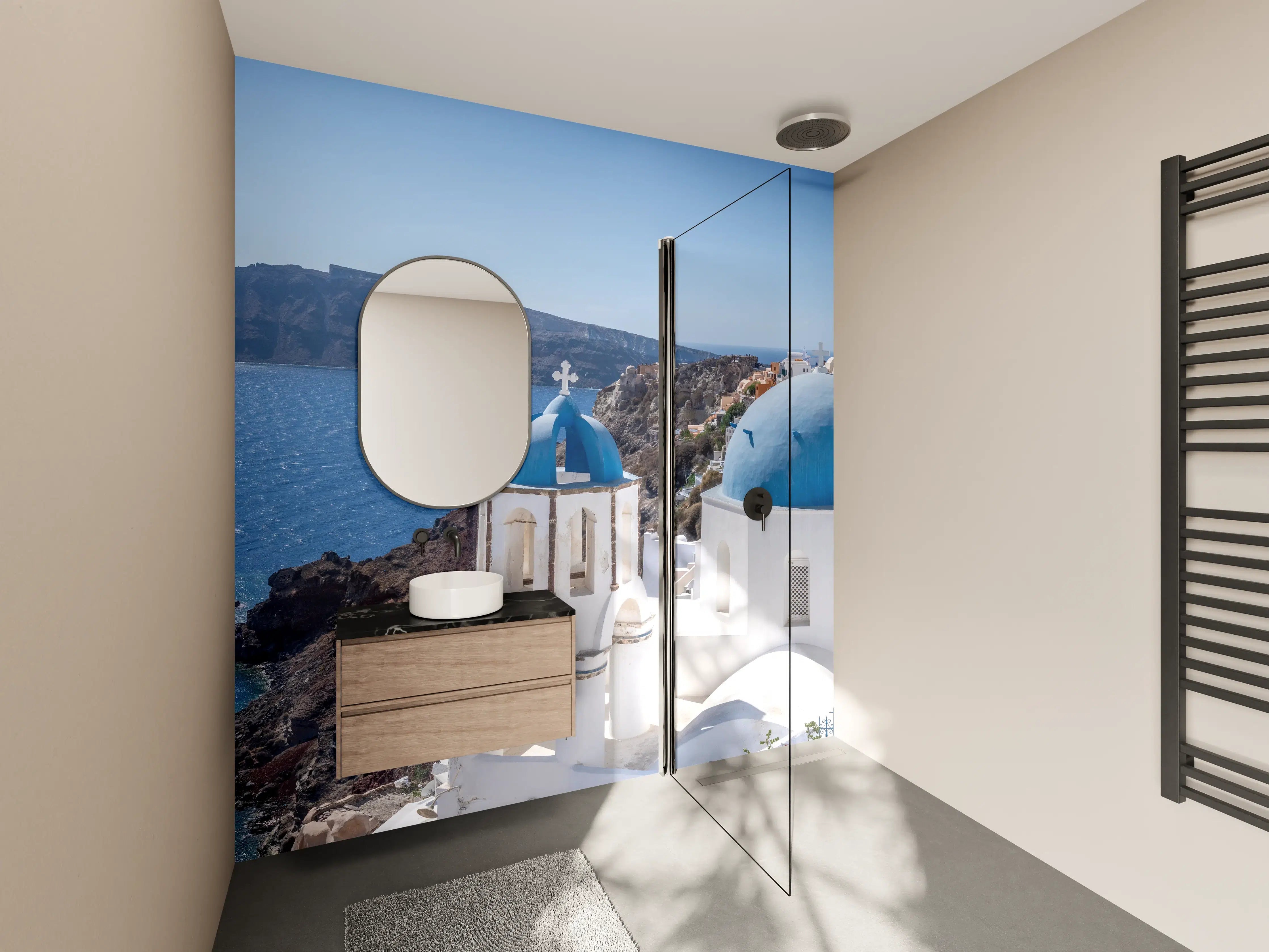Wandverkleidung Bad - Santorini Blau-Weiß Skyline