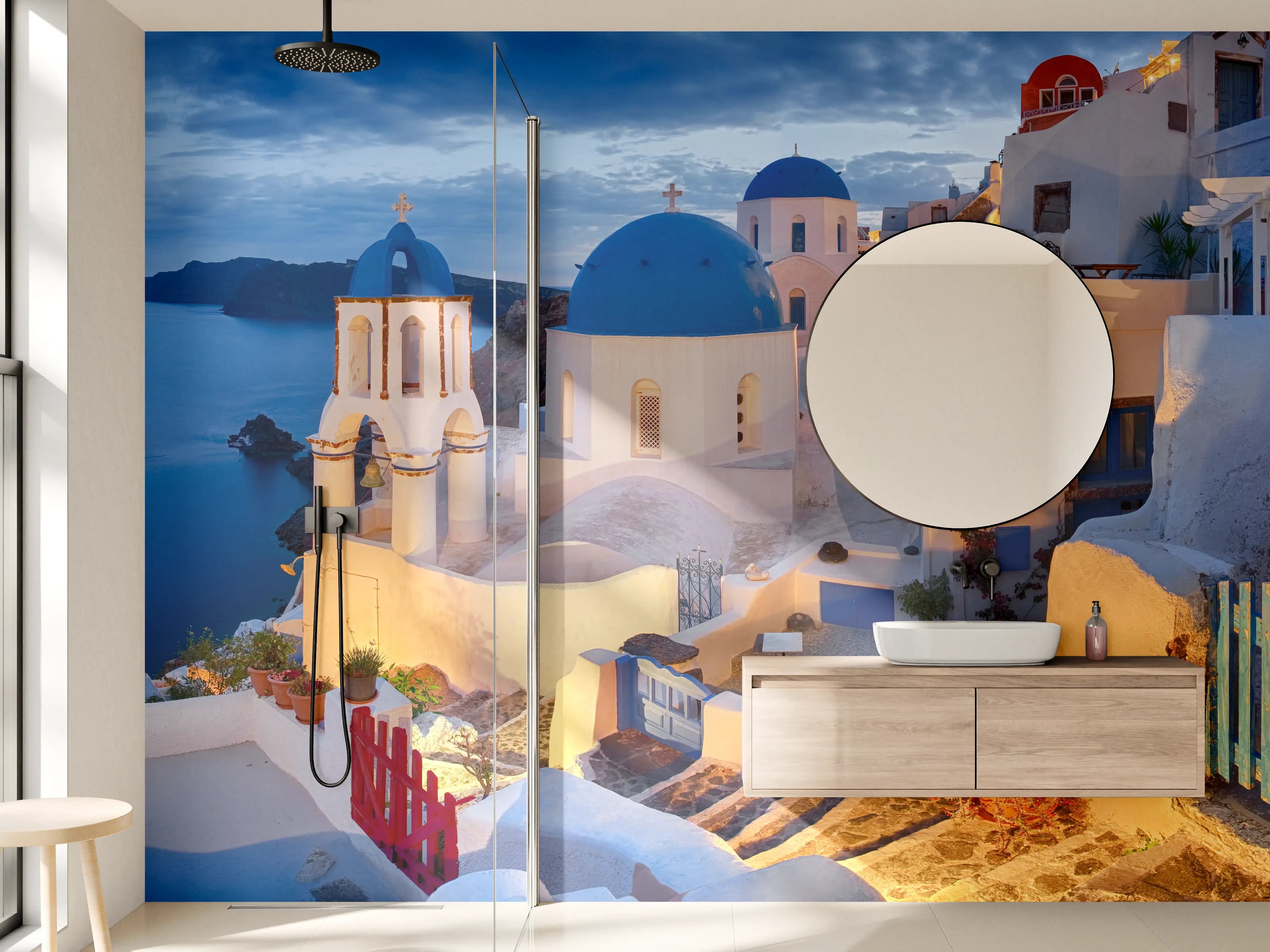 Wandverkleidung Bad - Santorini Skyline in Blau und Weiß