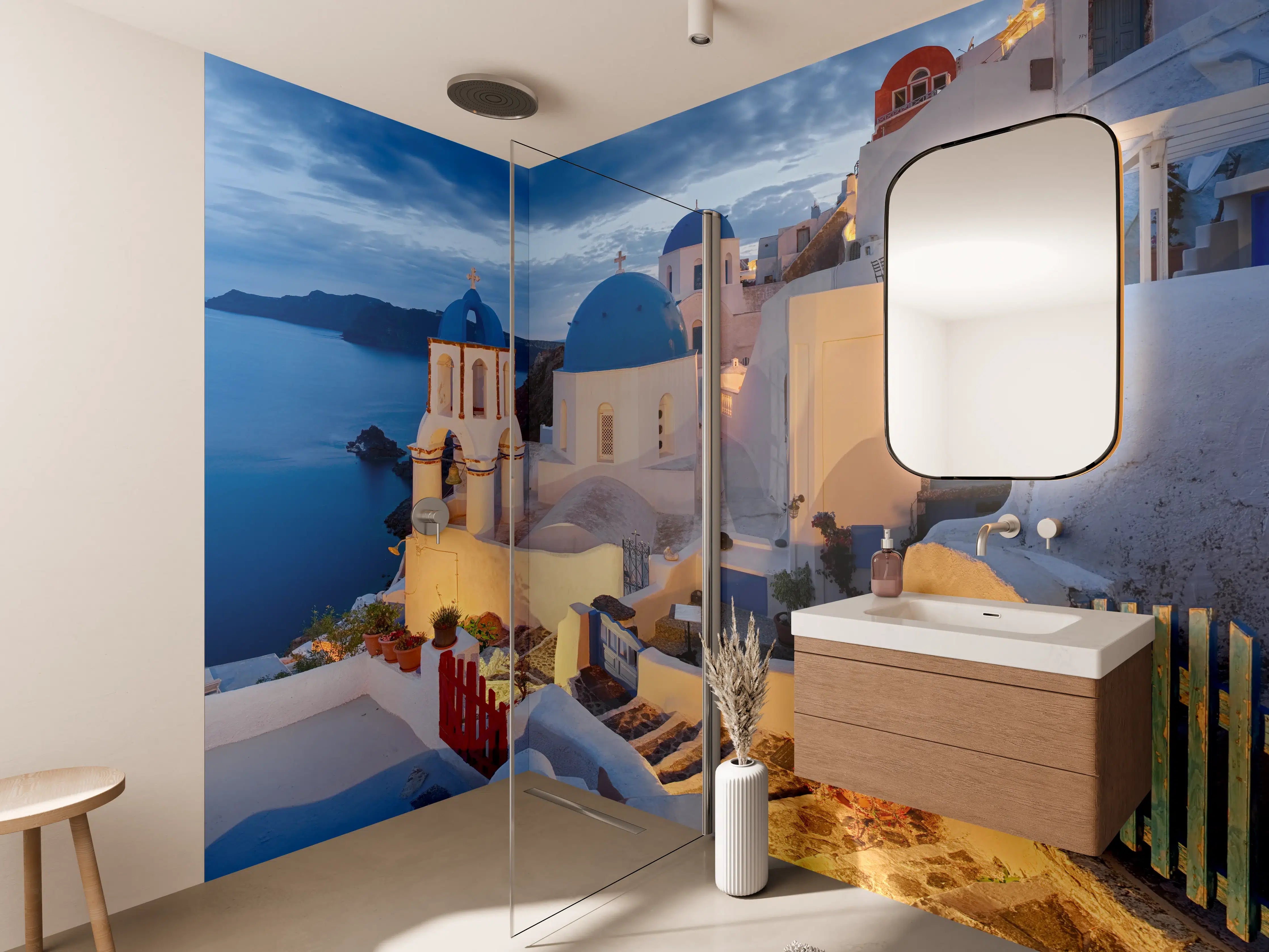 Wandverkleidung Bad - Santorini Skyline in Blau und Weiß