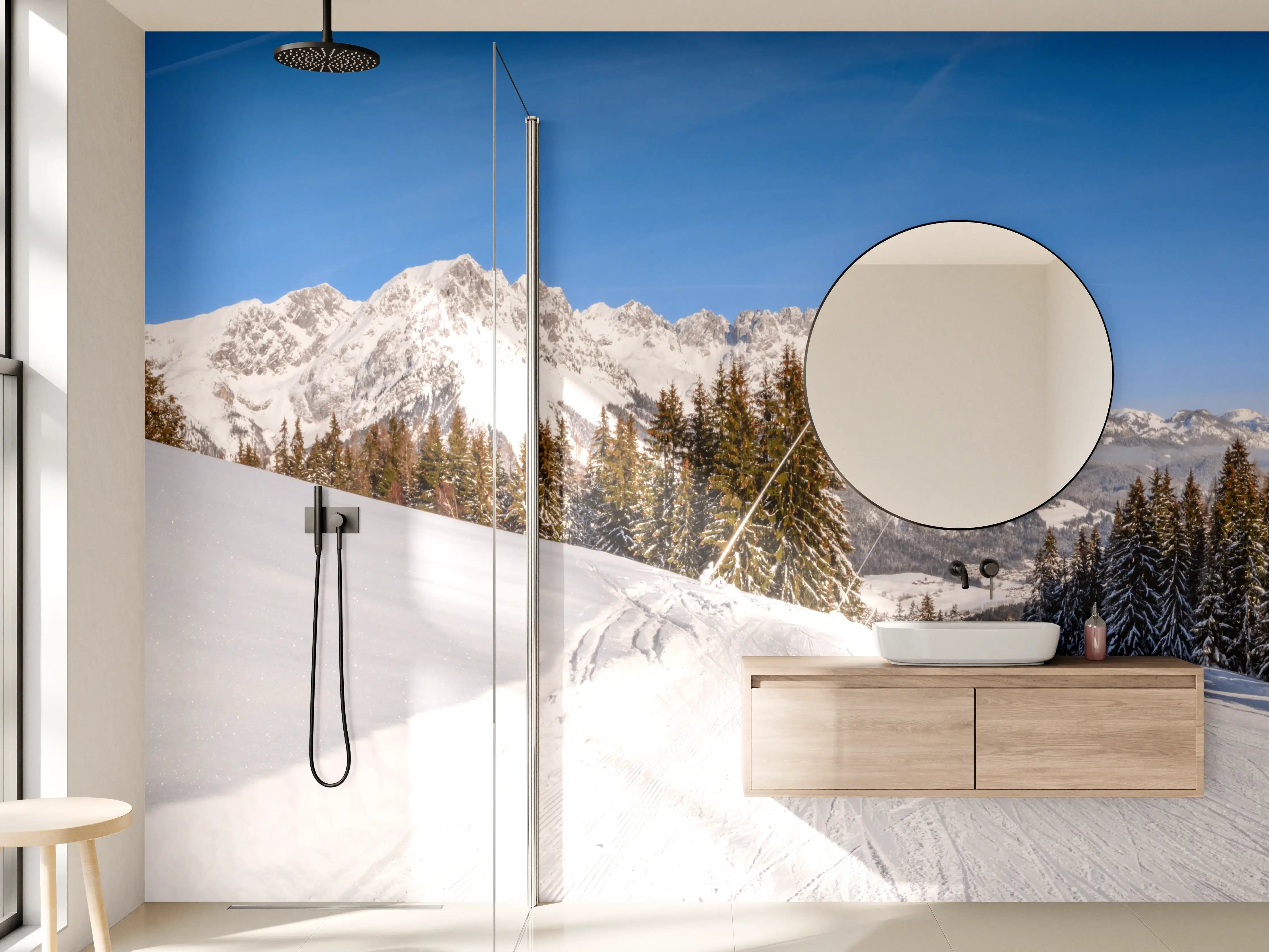 Wandverkleidung Bad - Schneebedeuchte Berglandschaft im Sonnenlicht