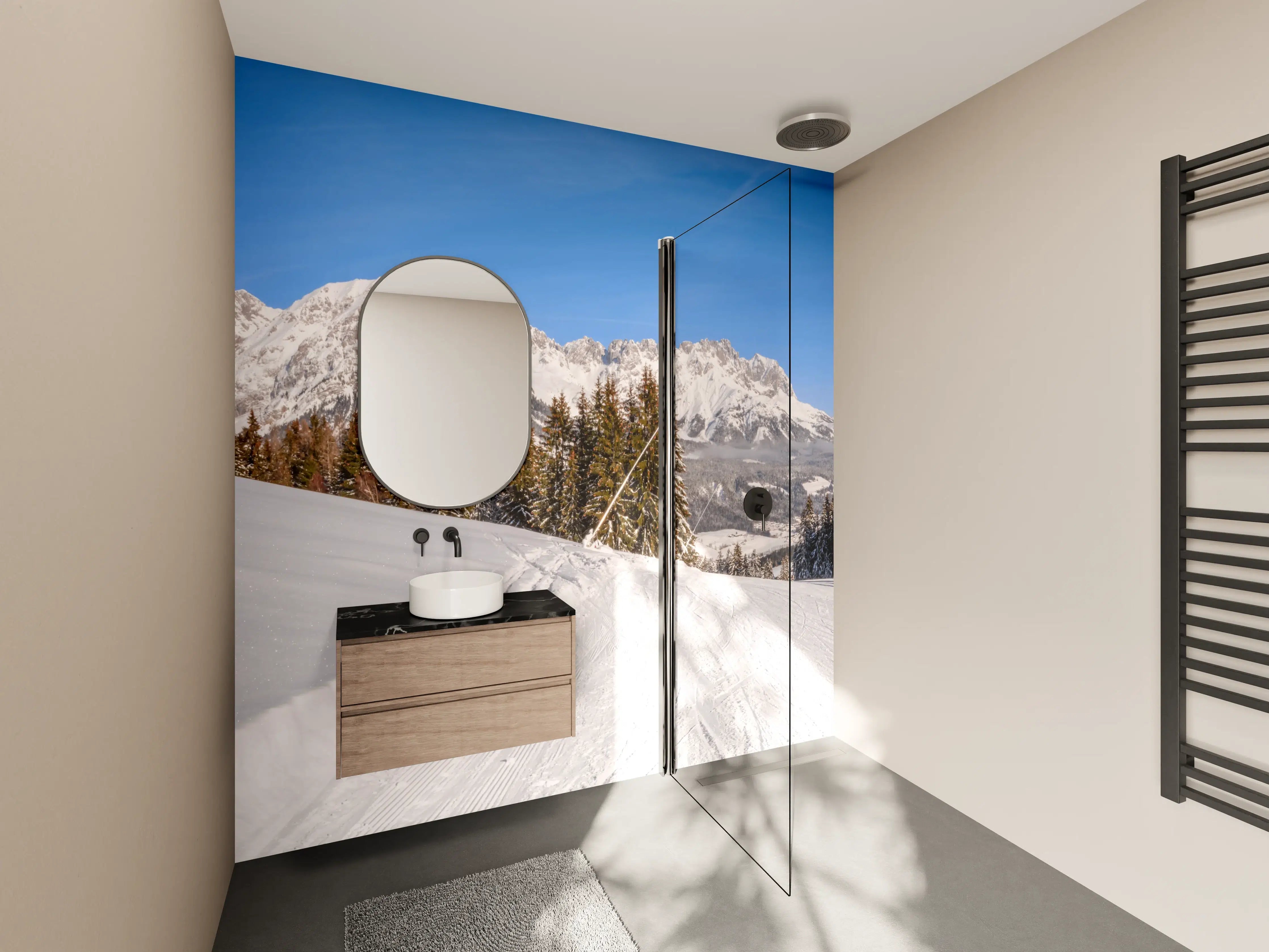 Wandverkleidung Bad - Schneebedeuchte Berglandschaft im Sonnenlicht