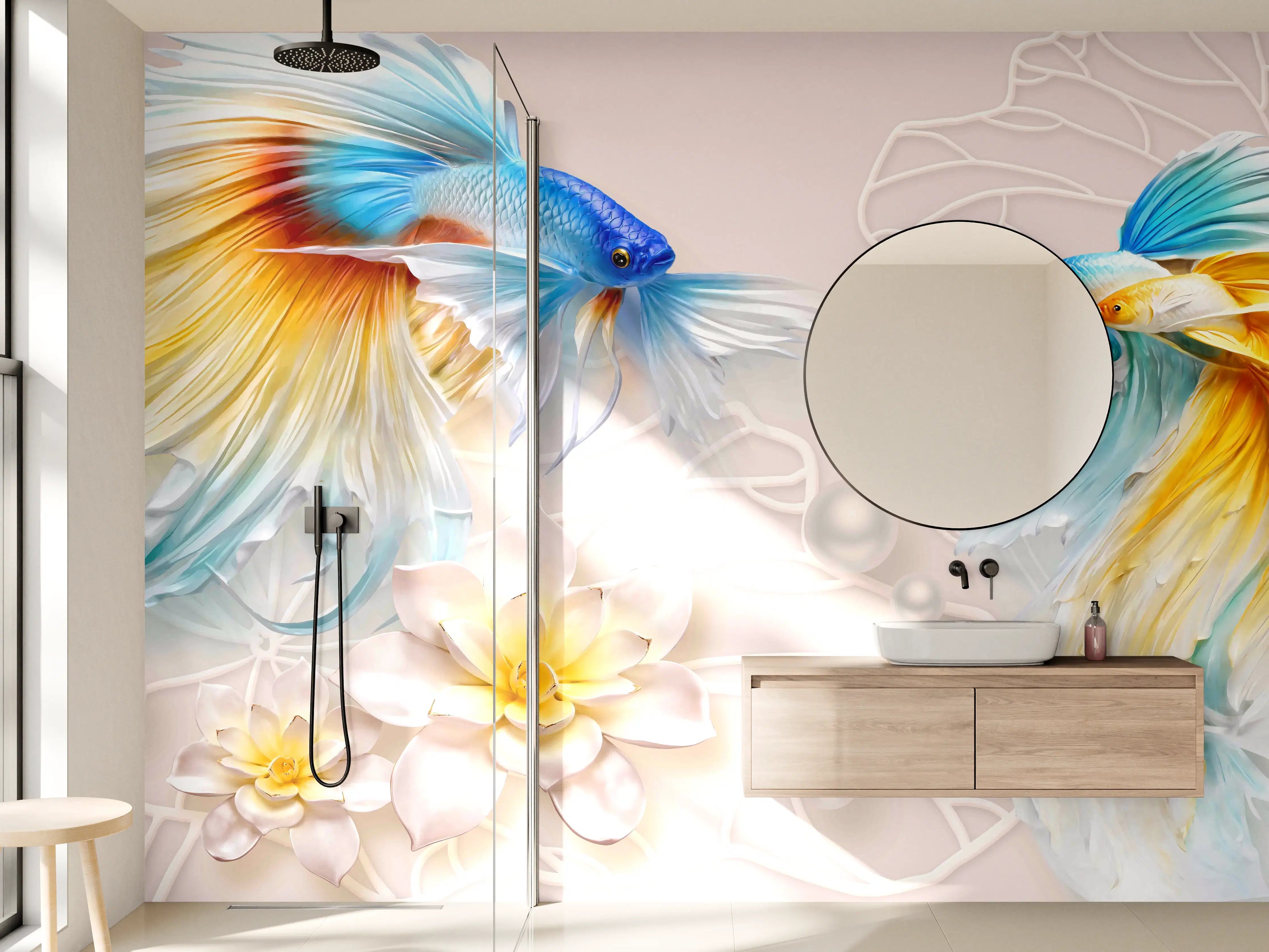 Wandverkleidung Bad - Schöne Fische auf Rosa Hintergrund