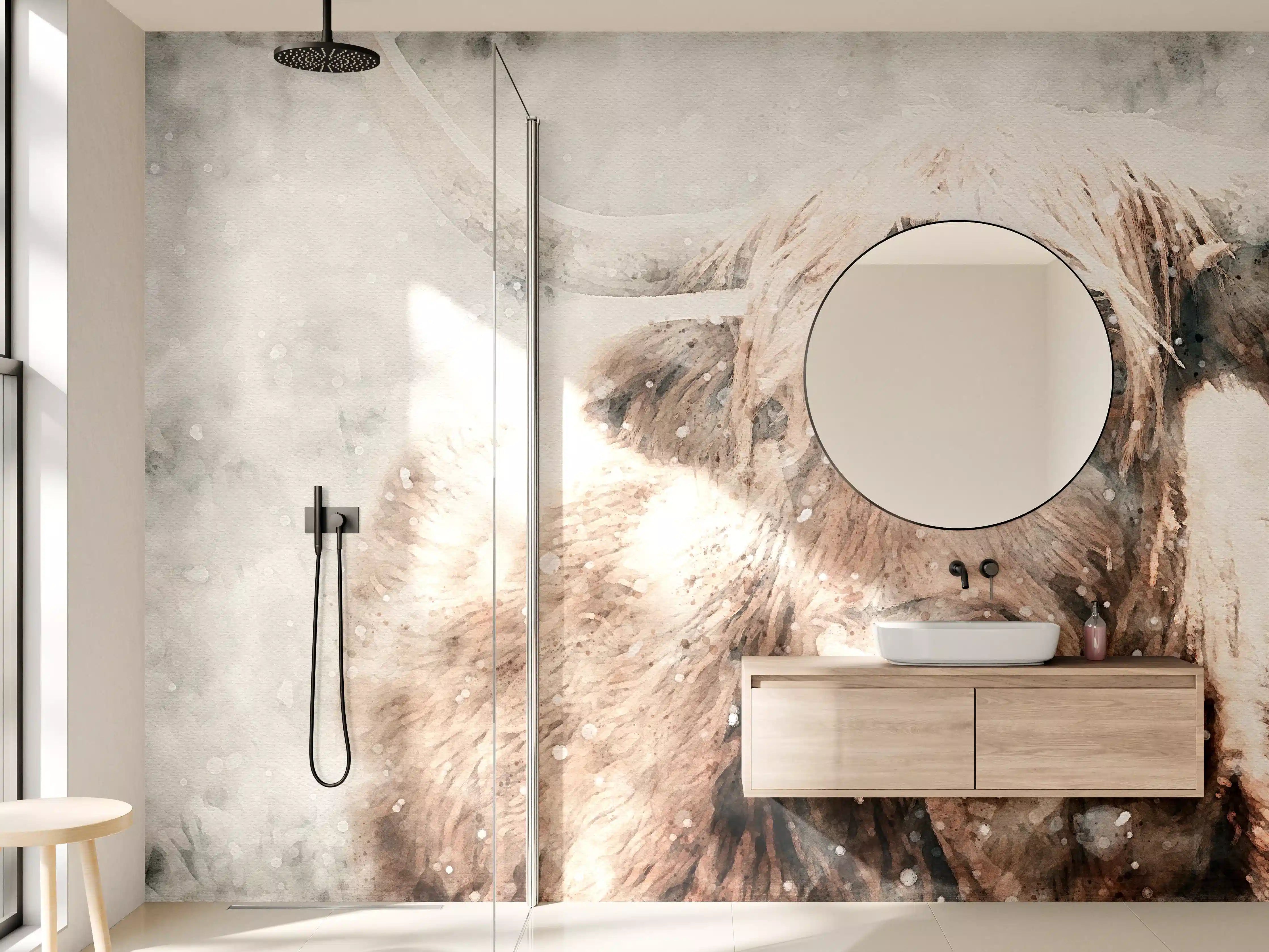 Wandverkleidung Bad - Schottisches Hochlandrind bei Schnee