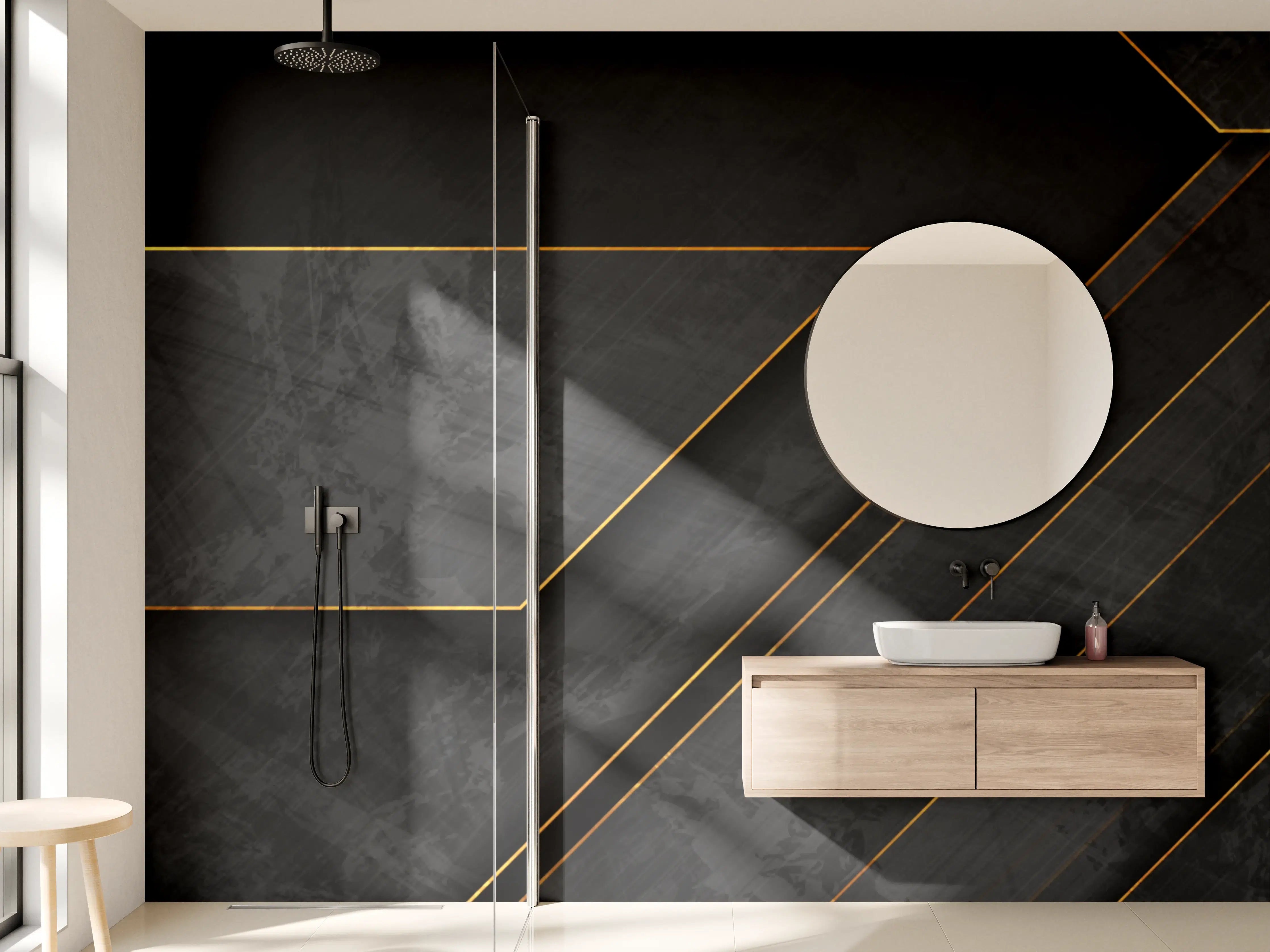 Wandverkleidung Bad - Schwarz-Gold-Linien-Design mit Metallakzenten