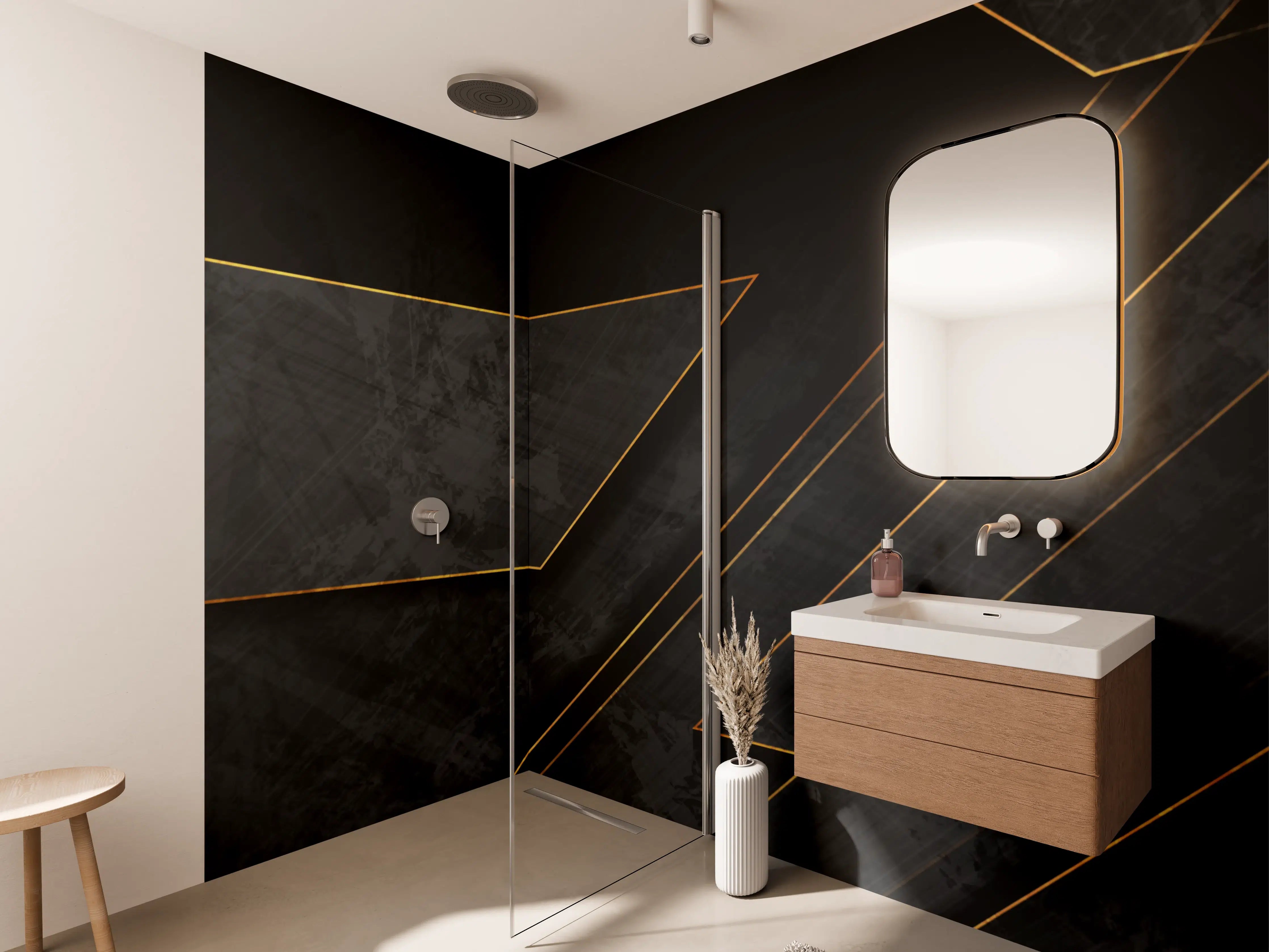 Wandverkleidung Bad - Schwarz-Gold-Linien-Design mit Metallakzenten