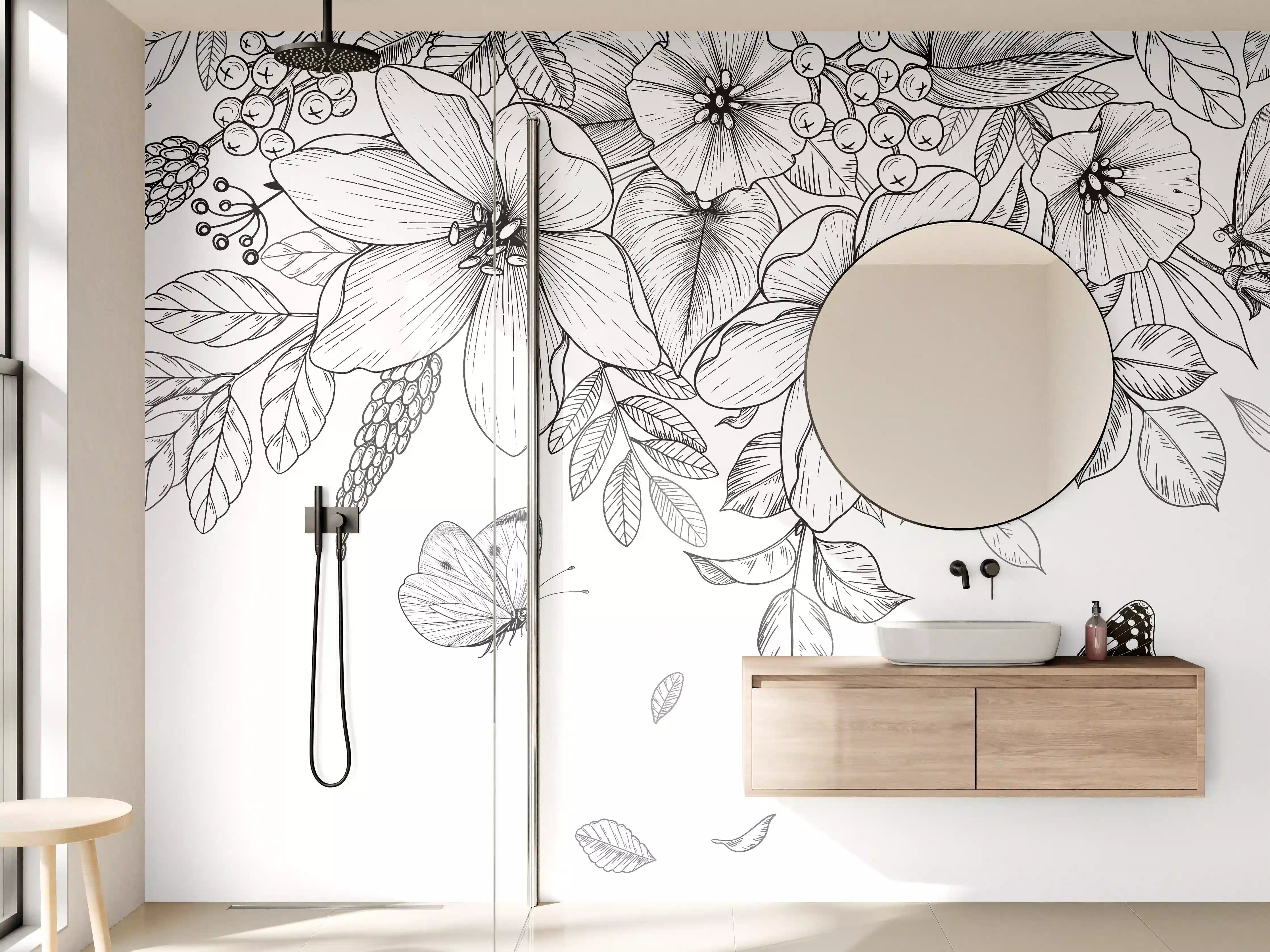 Wandverkleidung Bad - Schwarz-Weiß Floralzeichnung