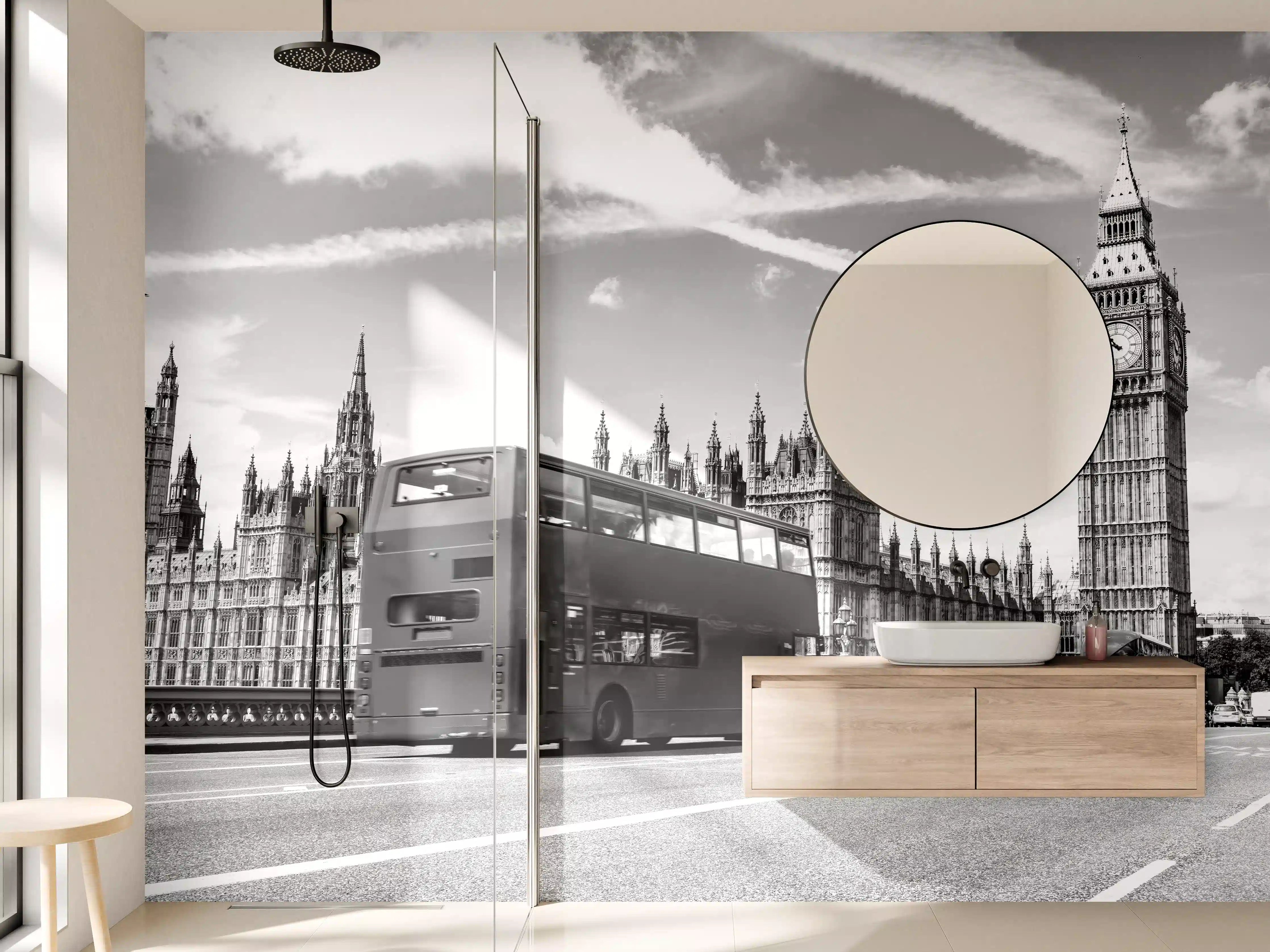 Wandverkleidung Bad - Schwarz-Weiß London Skyline mit Bus und Big Ben
