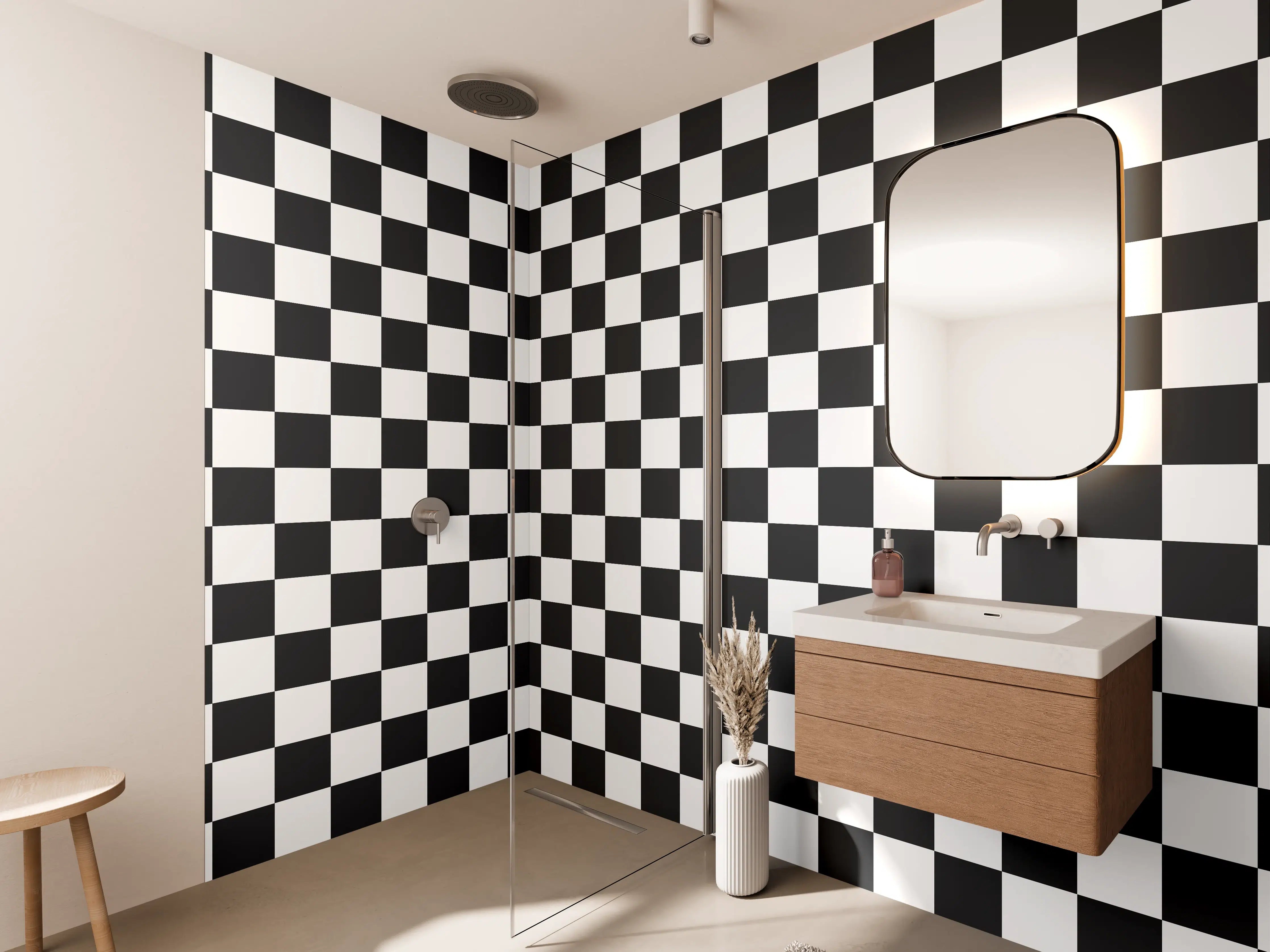 Wandverkleidung Bad - Schwarz-Weiß-Muster mit geometrischer Präzision