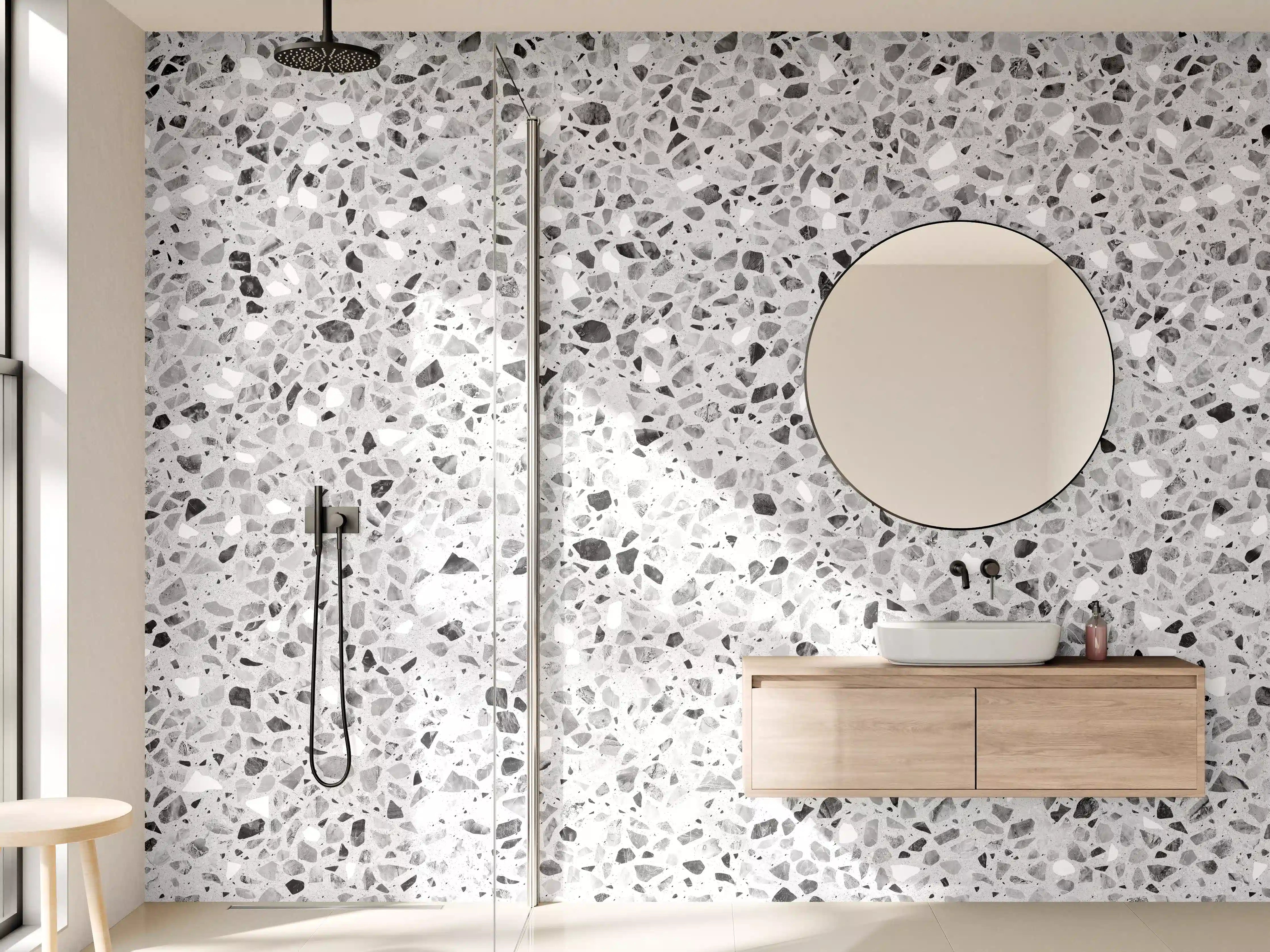 Wandverkleidung Bad - Schwarz-Weiße graue Terrazzo Stein Textur