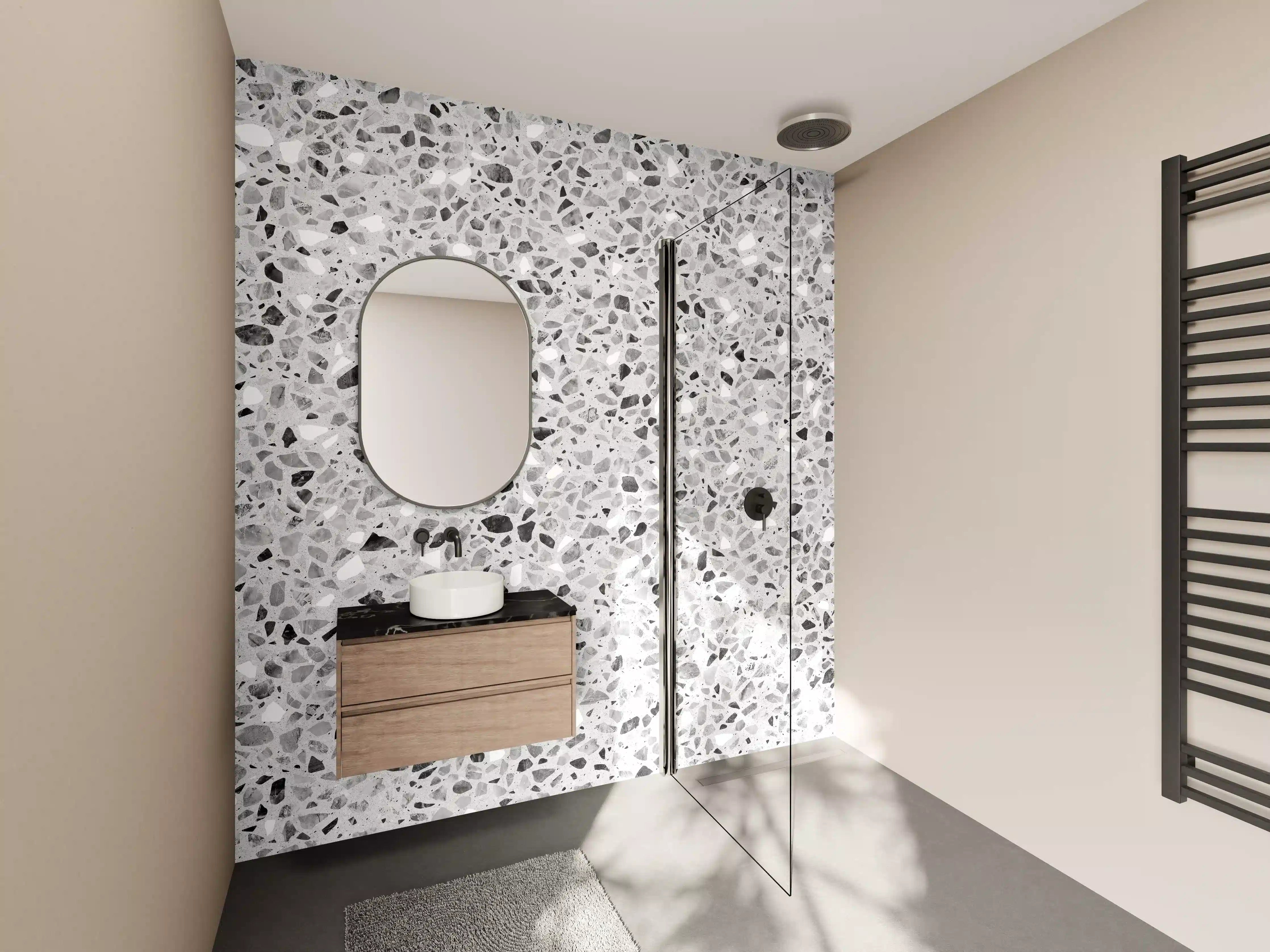 Wandverkleidung Bad - Schwarz-Weiße graue Terrazzo Stein Textur